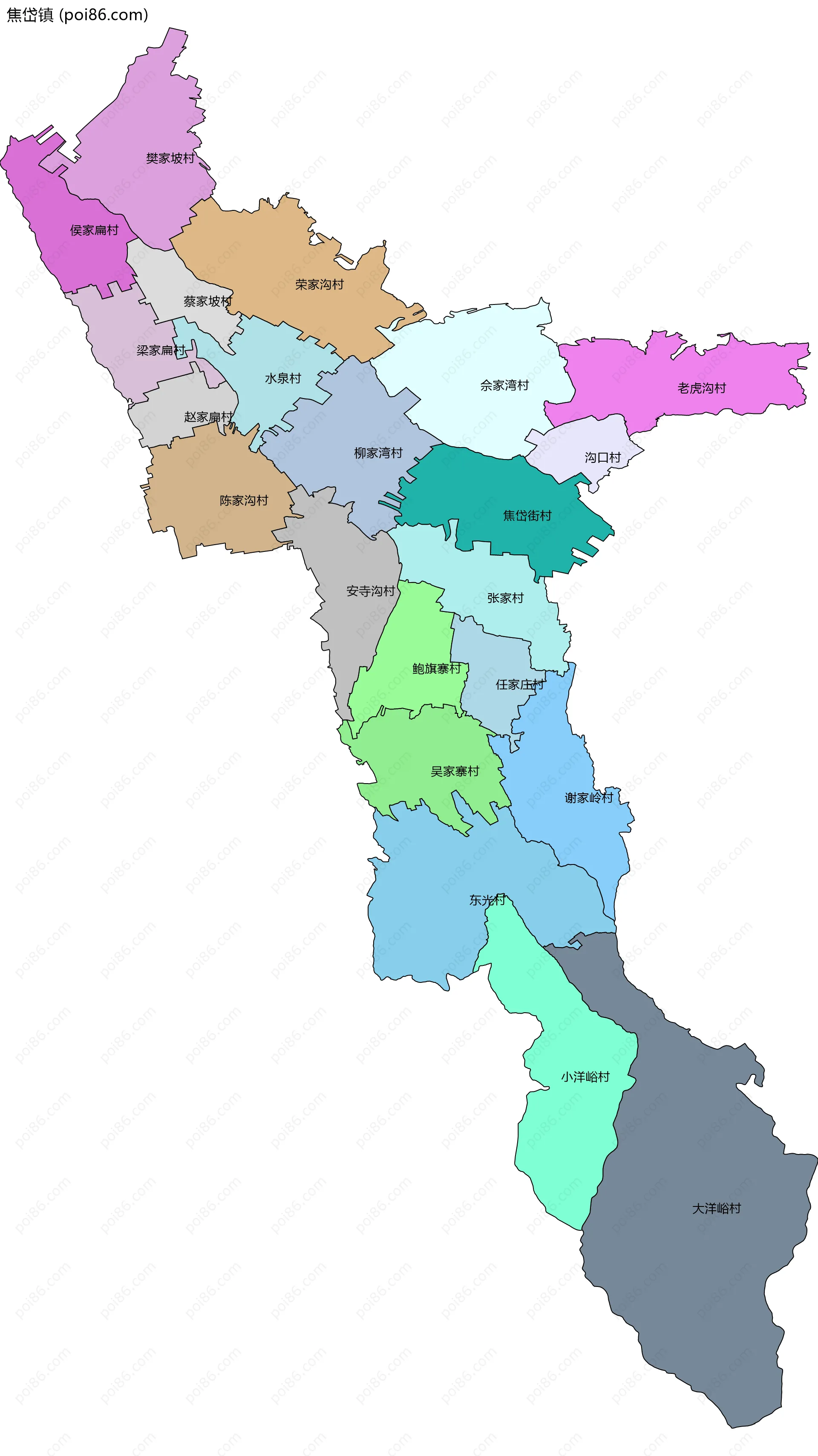 焦岱镇边界地图(五级行政区划)