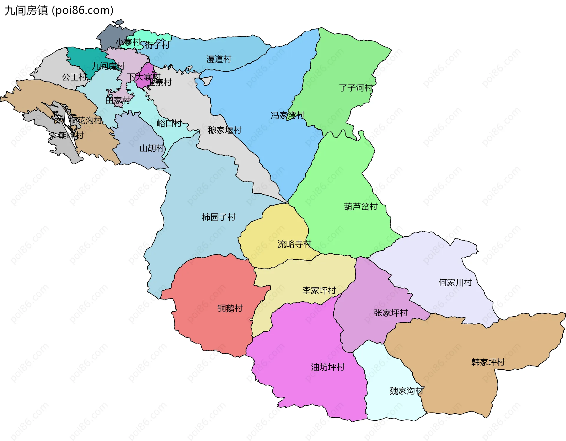 九间房镇边界地图(五级行政区划)