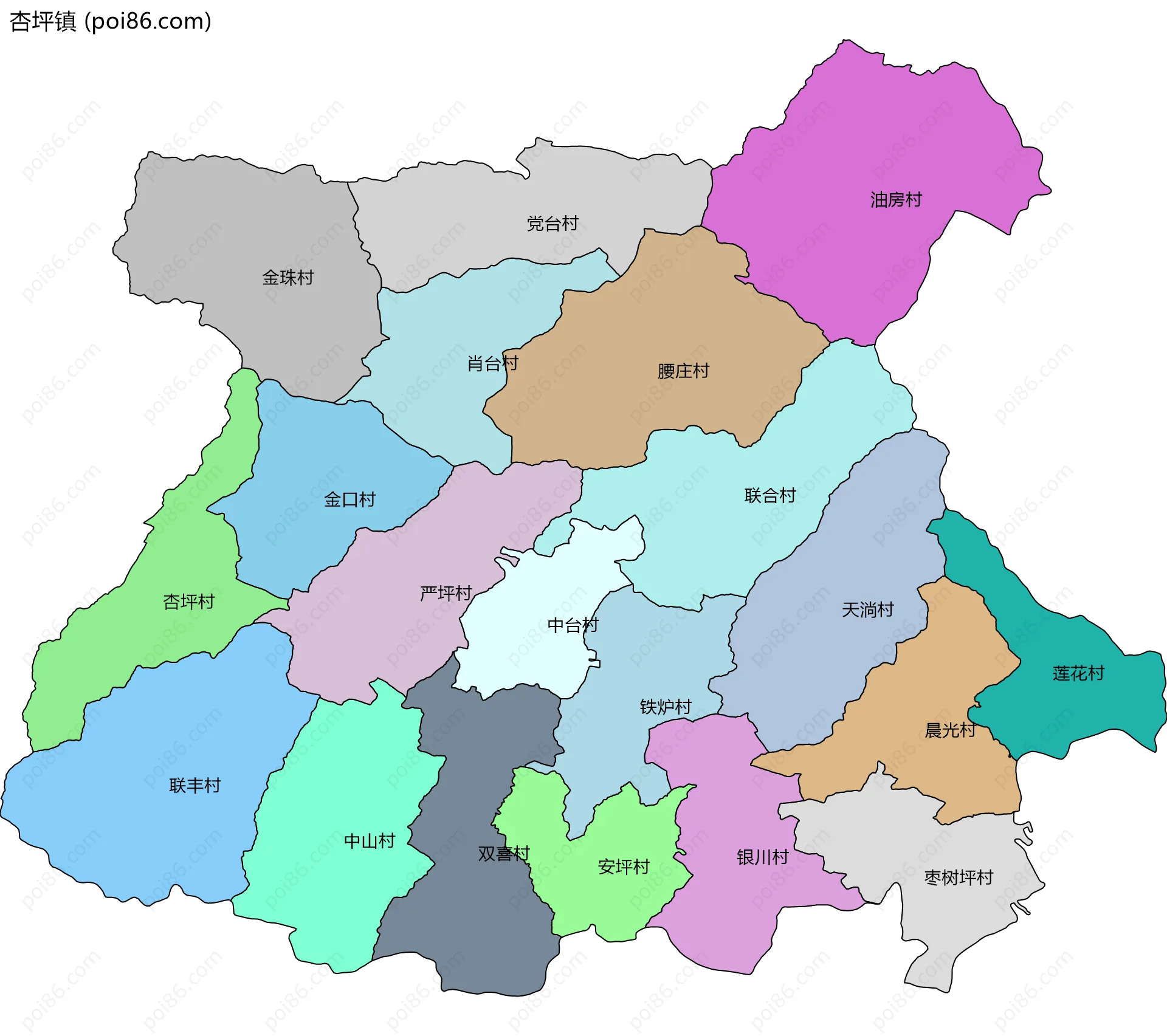 杏坪镇边界地图(五级行政区划)