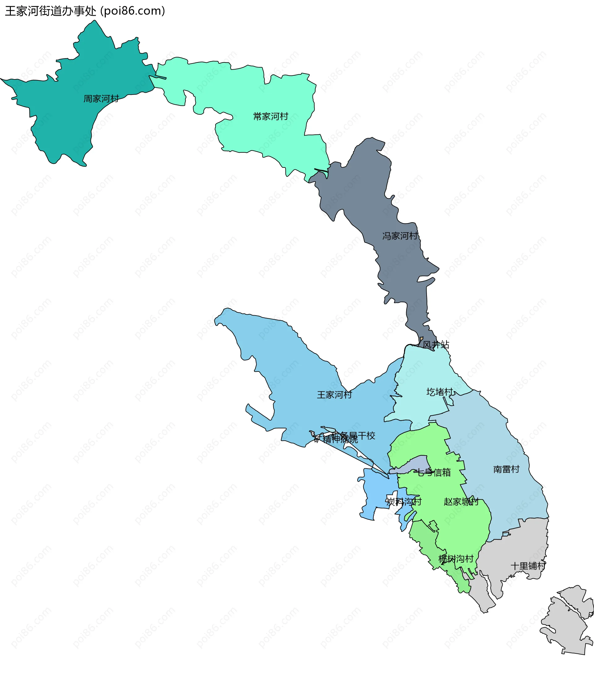 王家河街道办事处边界地图(五级行政区划)