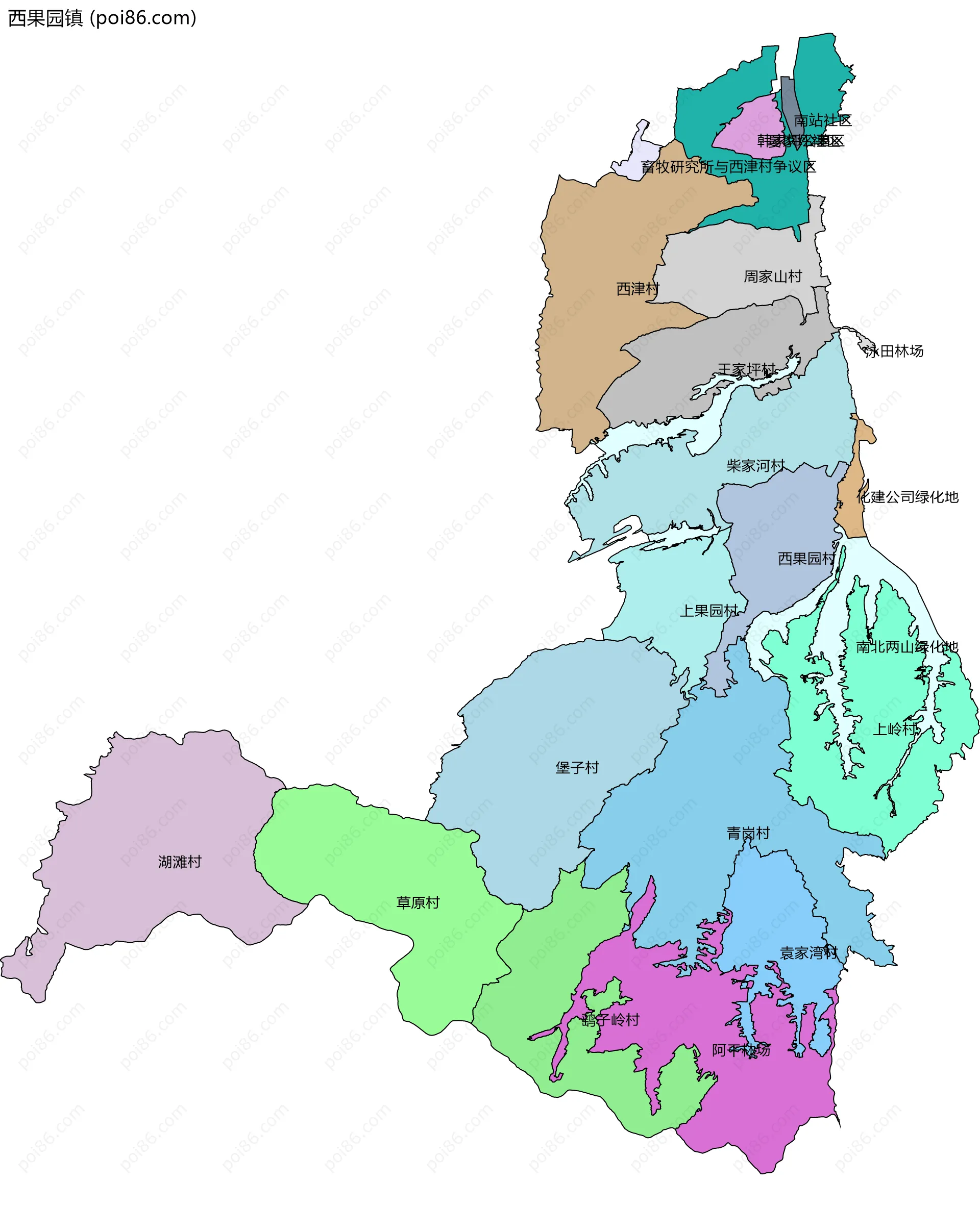 西果园镇边界地图(五级行政区划)