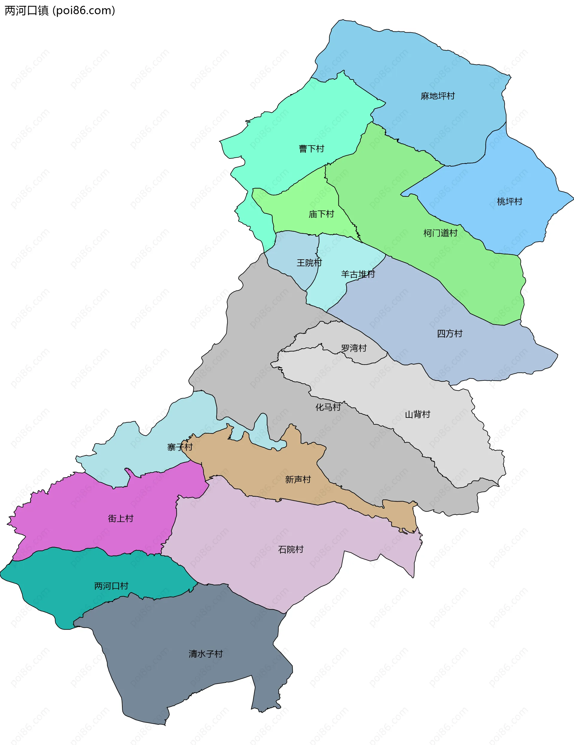 两河口镇边界地图(五级行政区划)