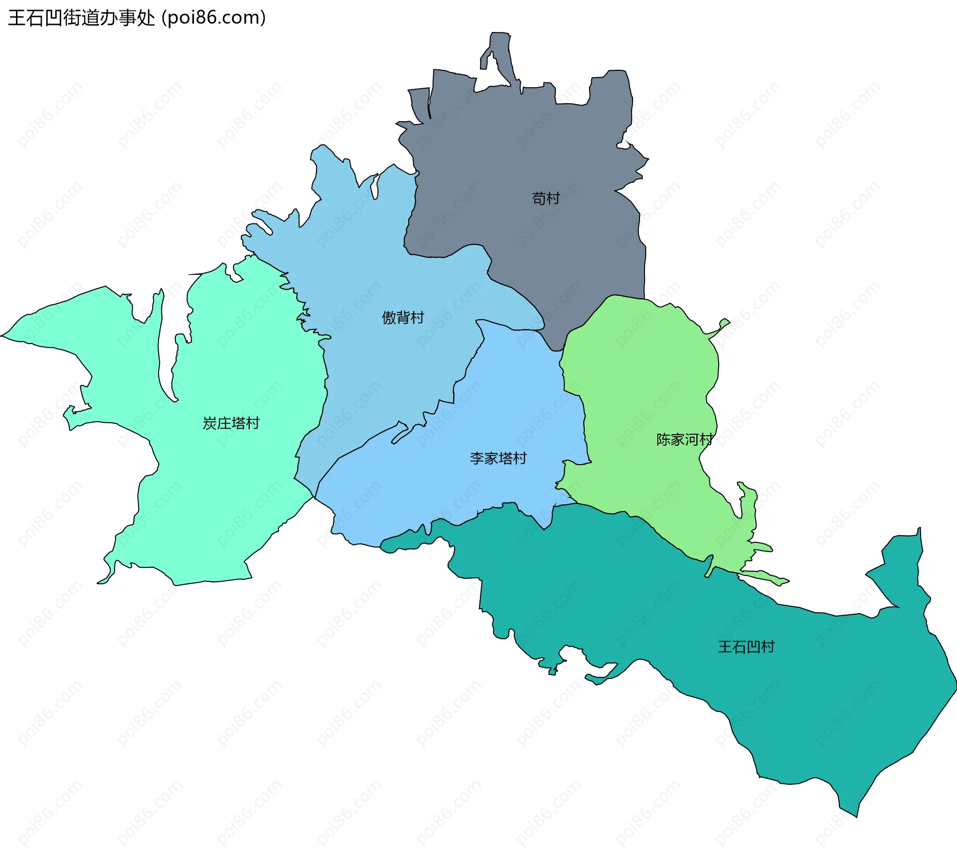 王石凹街道办事处边界地图(五级行政区划)
