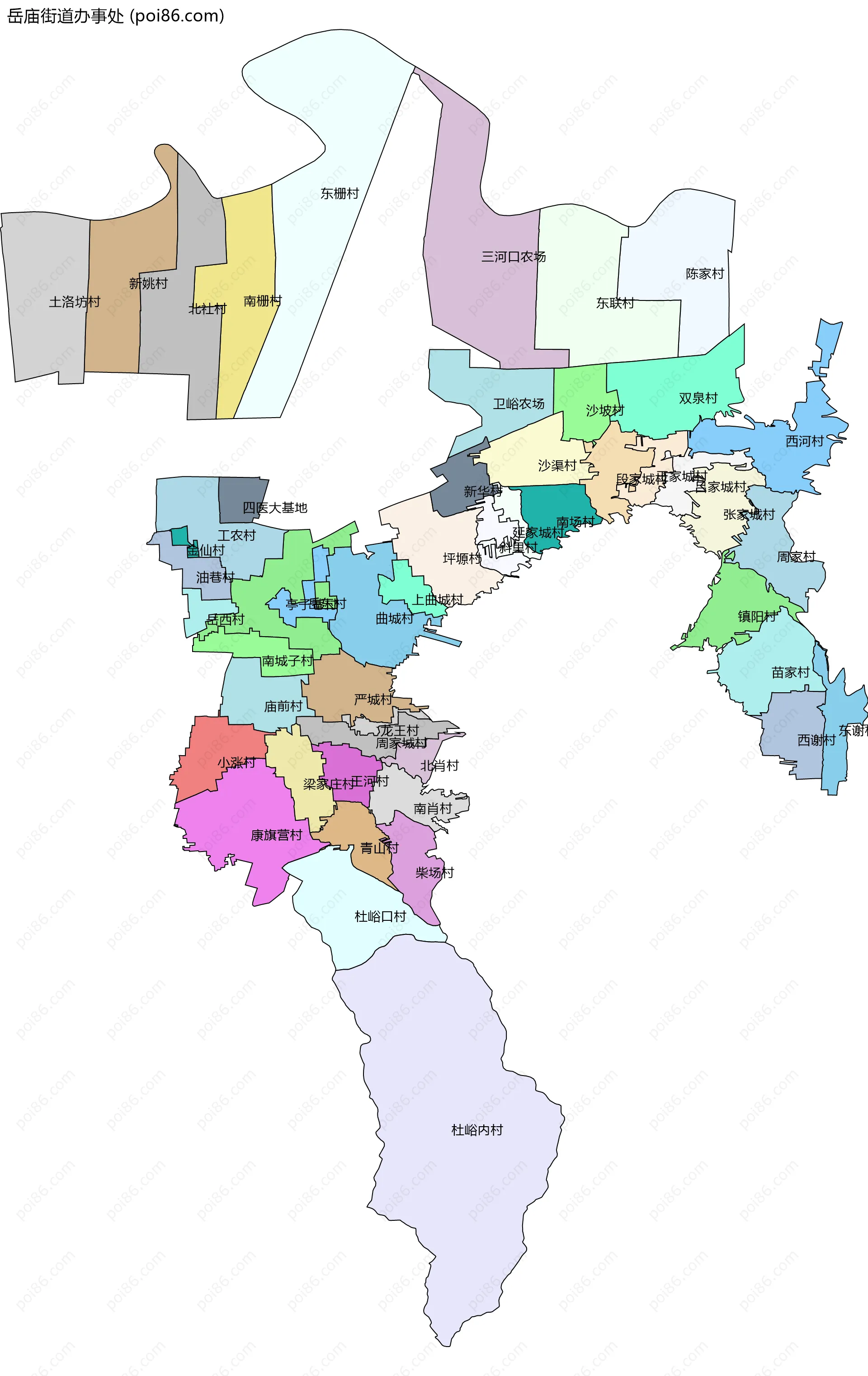 岳庙街道办事处边界地图(五级行政区划)
