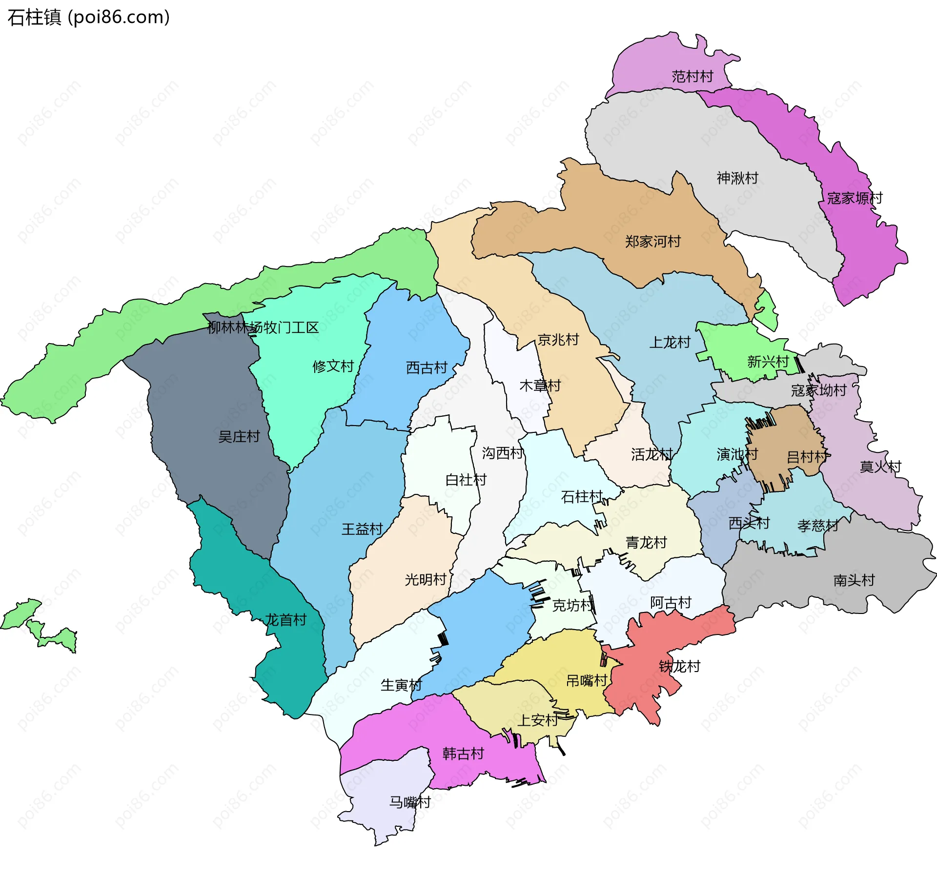 石柱镇边界地图(五级行政区划)