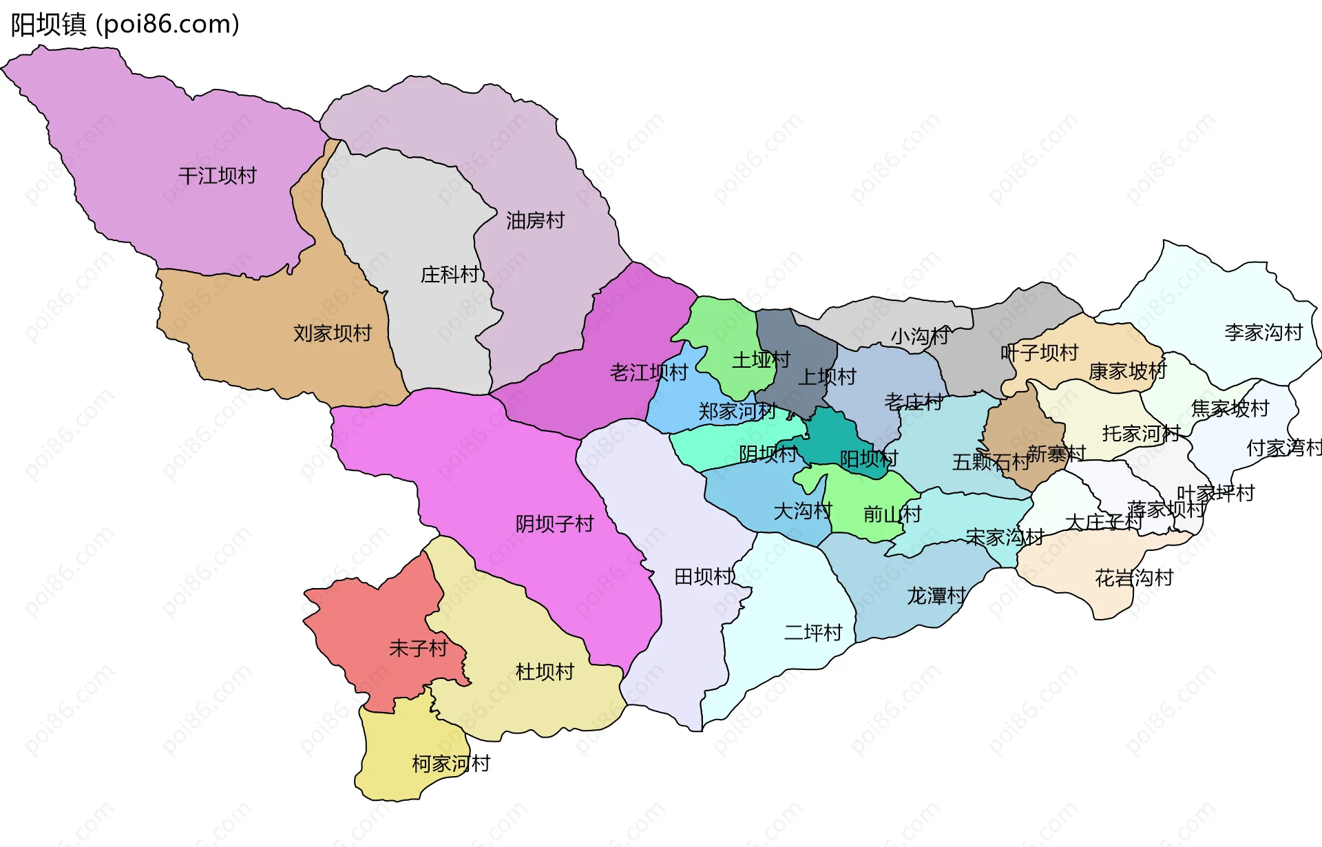 阳坝镇边界地图(五级行政区划)