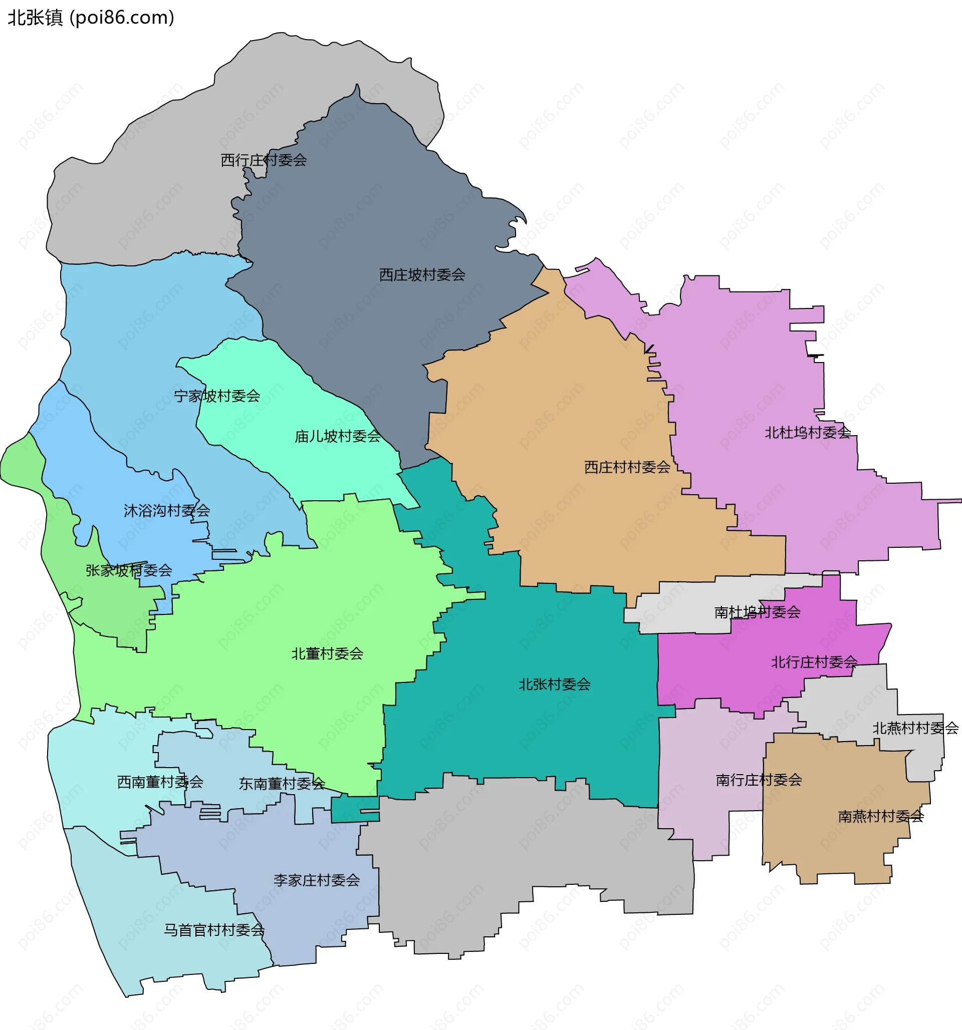 北张镇边界地图(五级行政区划)