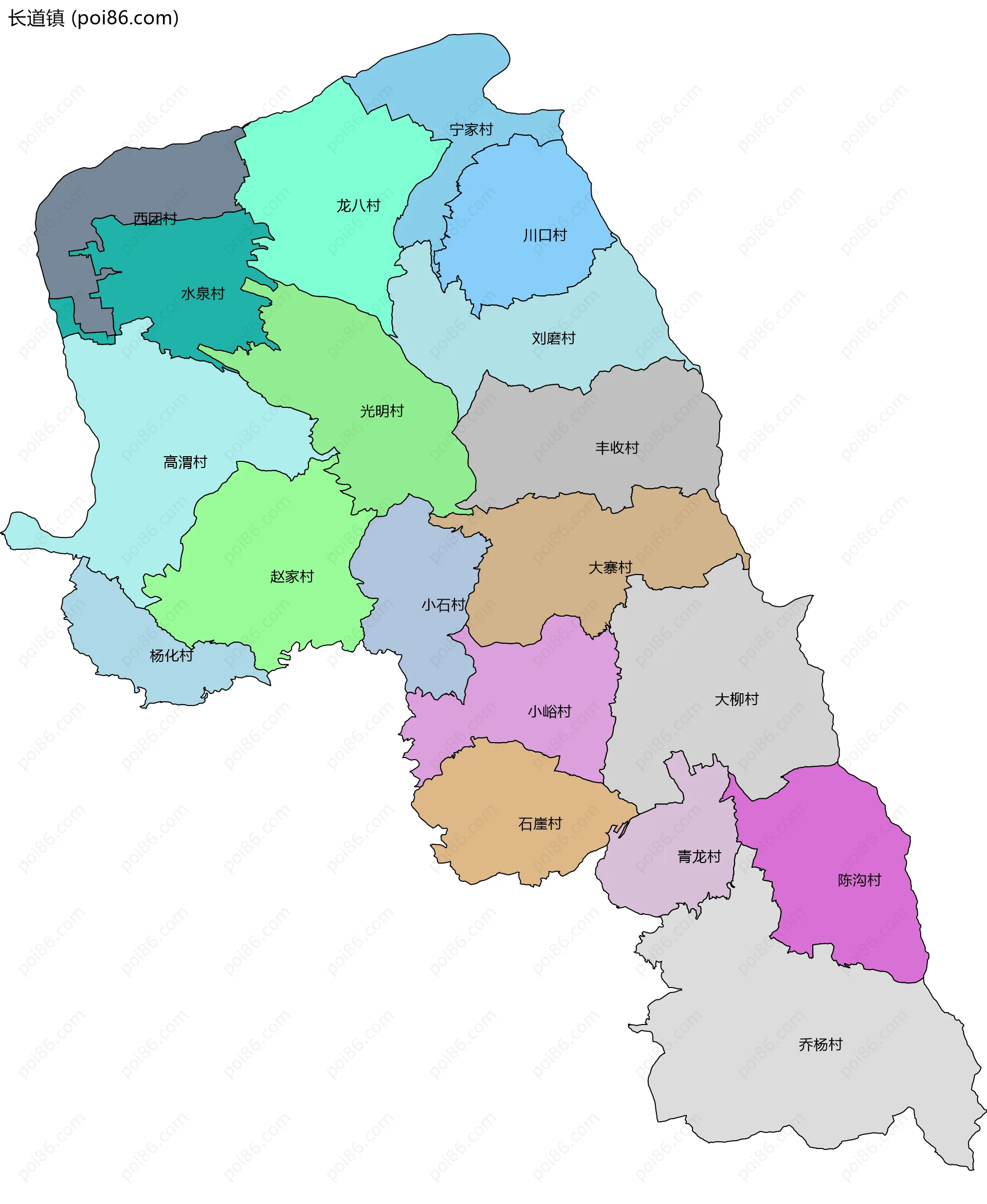 长道镇边界地图(五级行政区划)