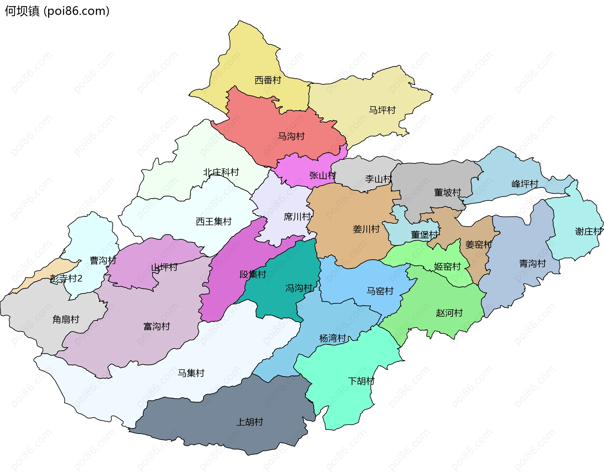 何坝镇边界地图(五级行政区划)