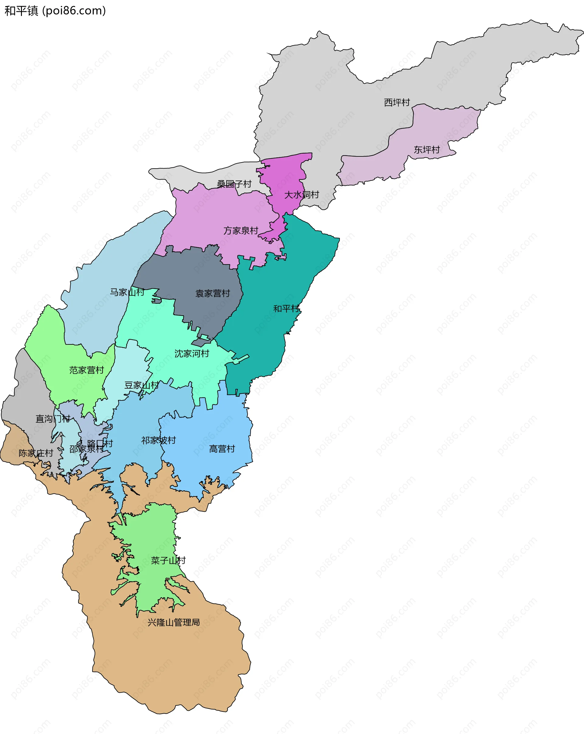 和平镇边界地图(五级行政区划)