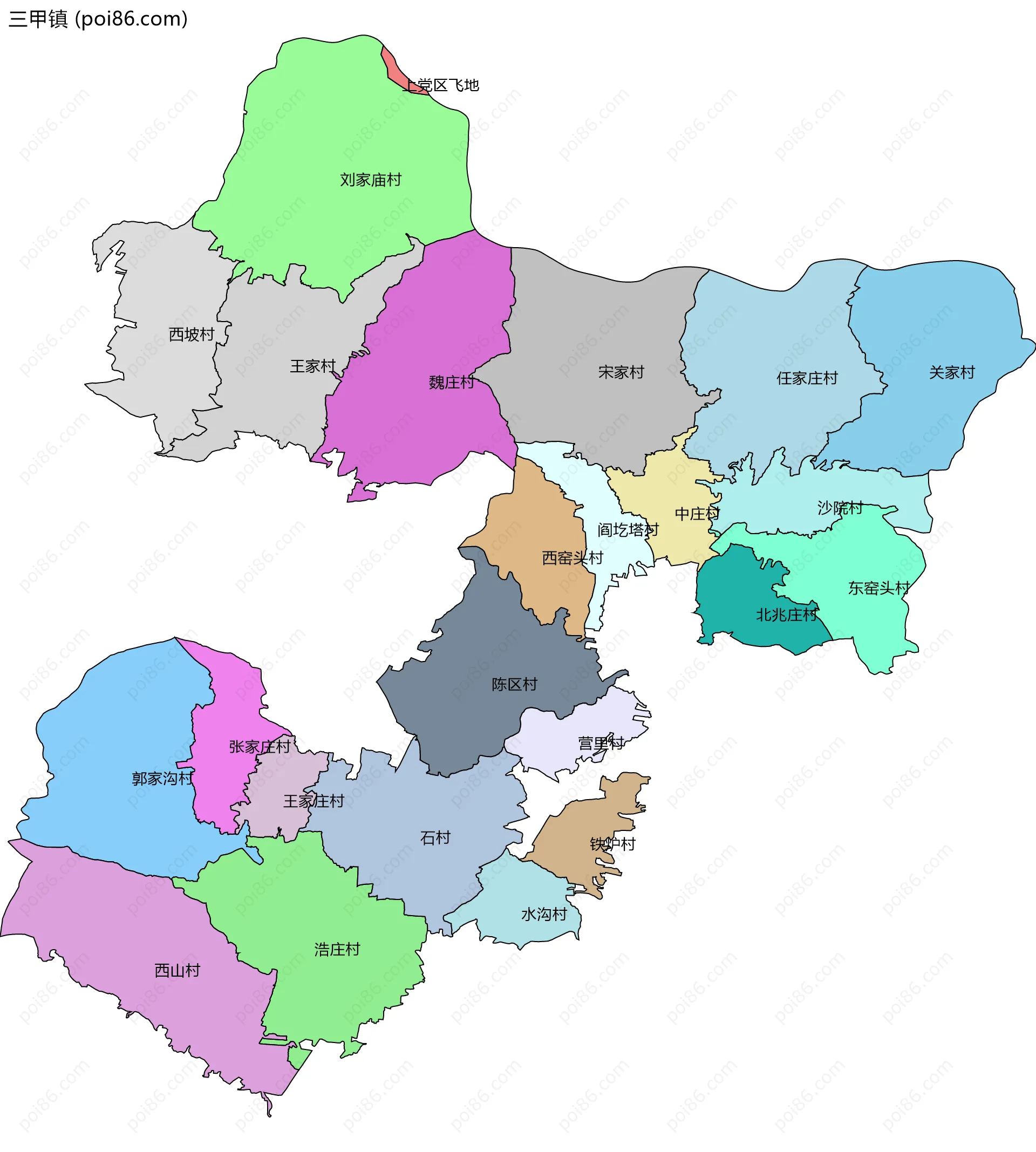 三甲镇边界地图(五级行政区划)