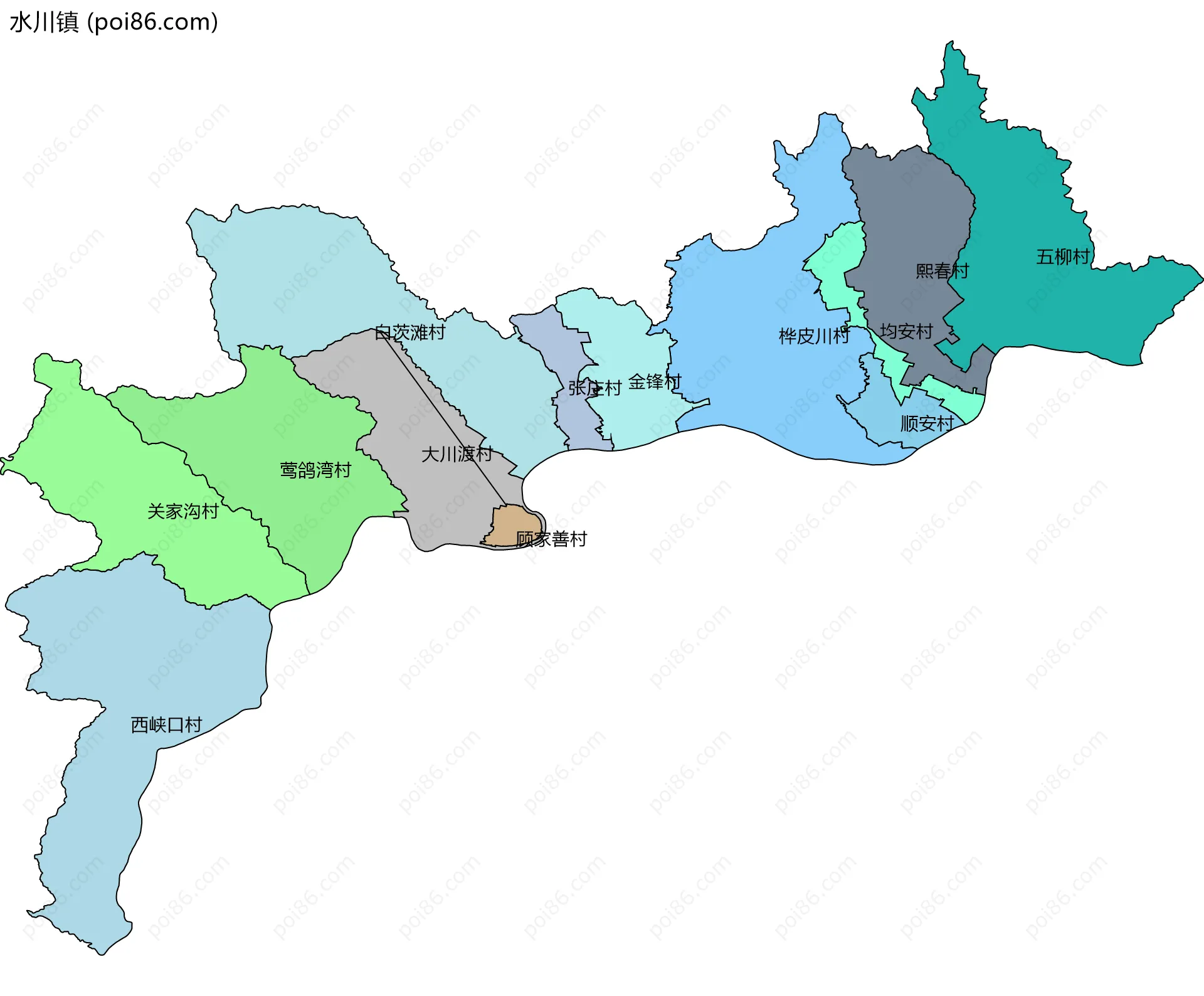 水川镇边界地图(五级行政区划)