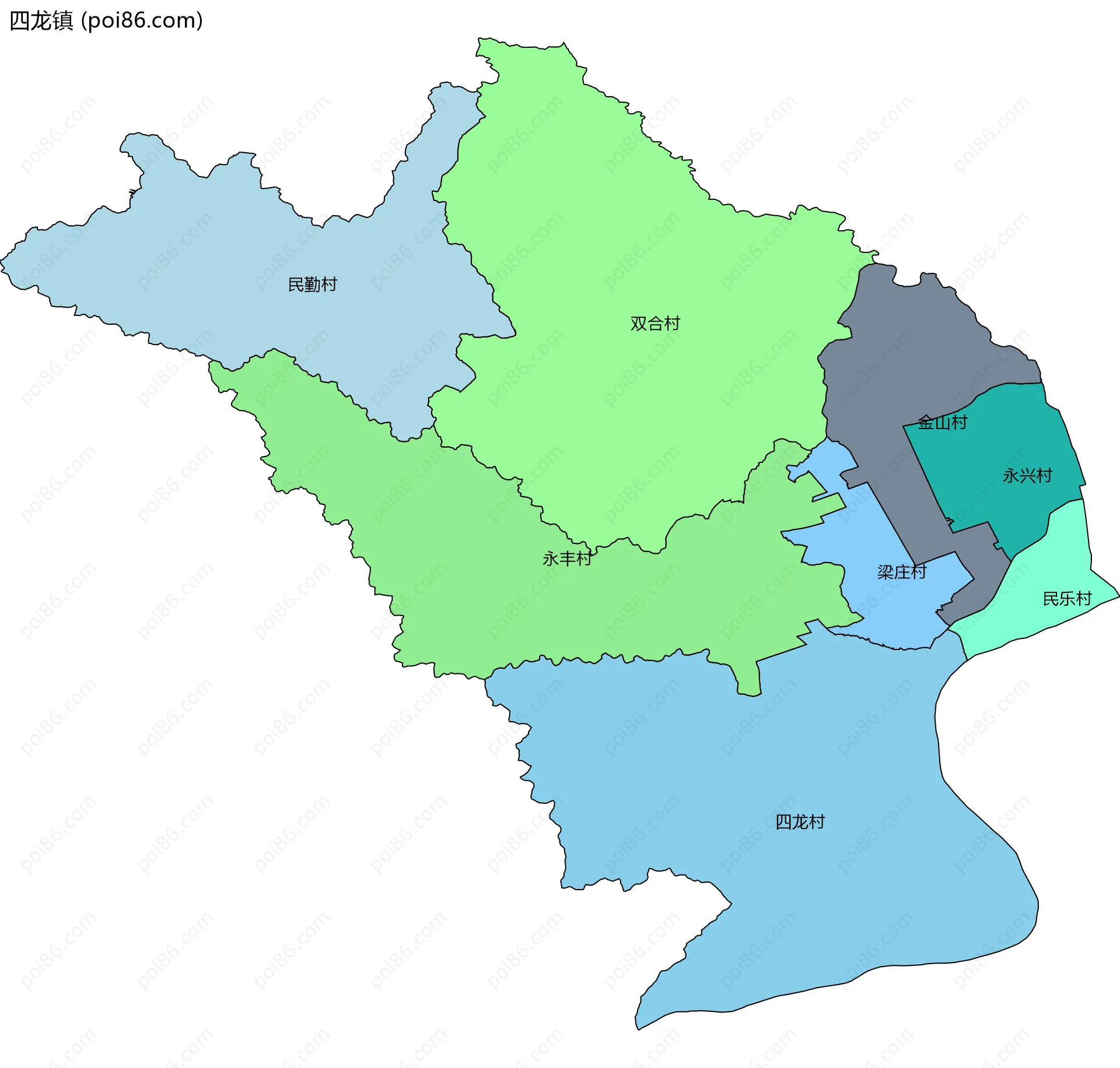 四龙镇边界地图(五级行政区划)