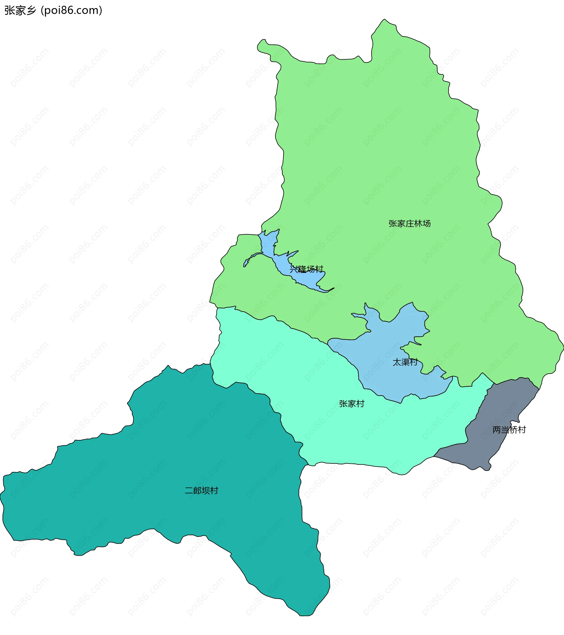 张家乡边界地图(五级行政区划)