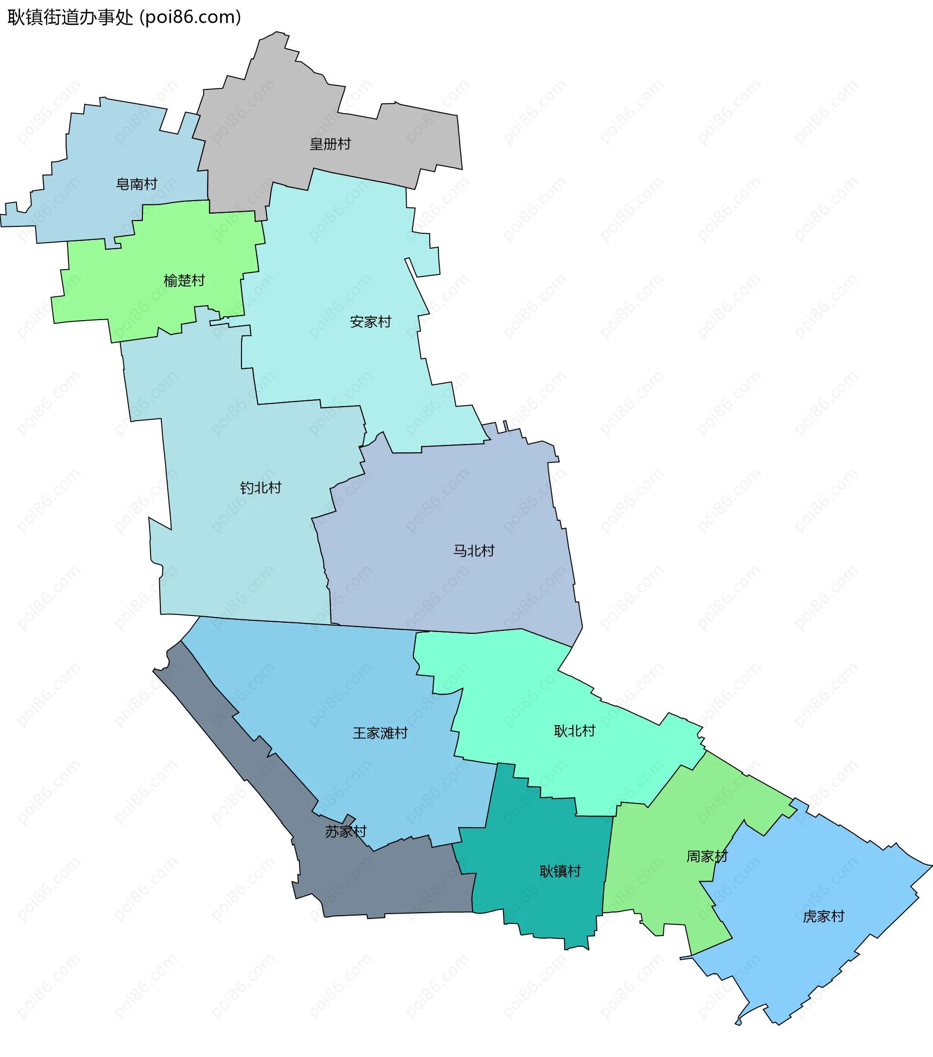 耿镇街道办事处边界地图(五级行政区划)