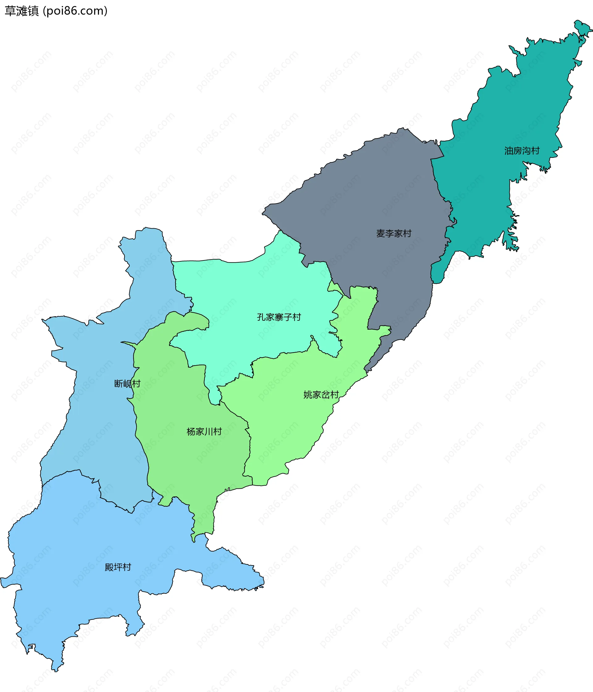草滩镇边界地图(五级行政区划)