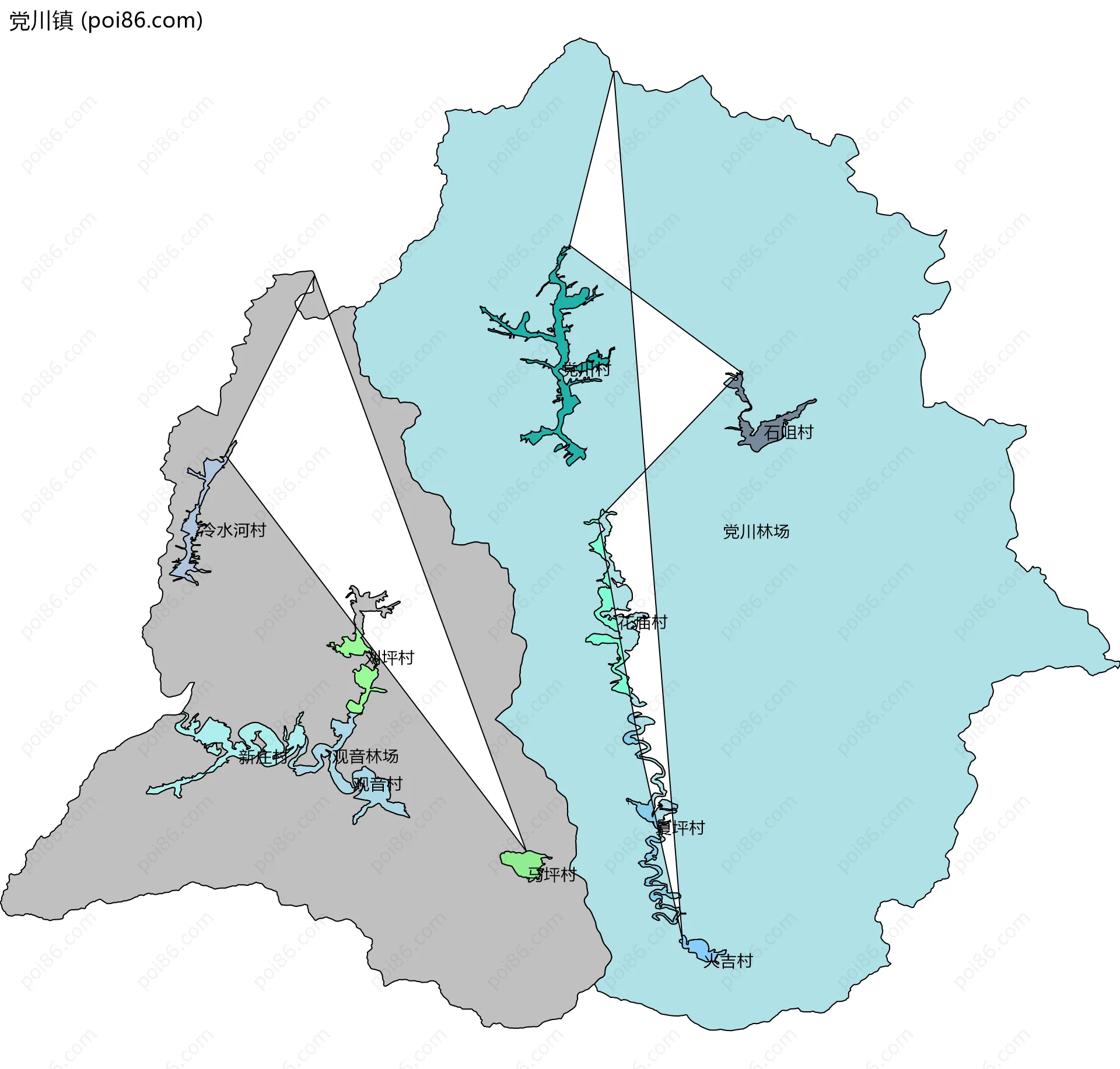 党川镇边界地图(五级行政区划)