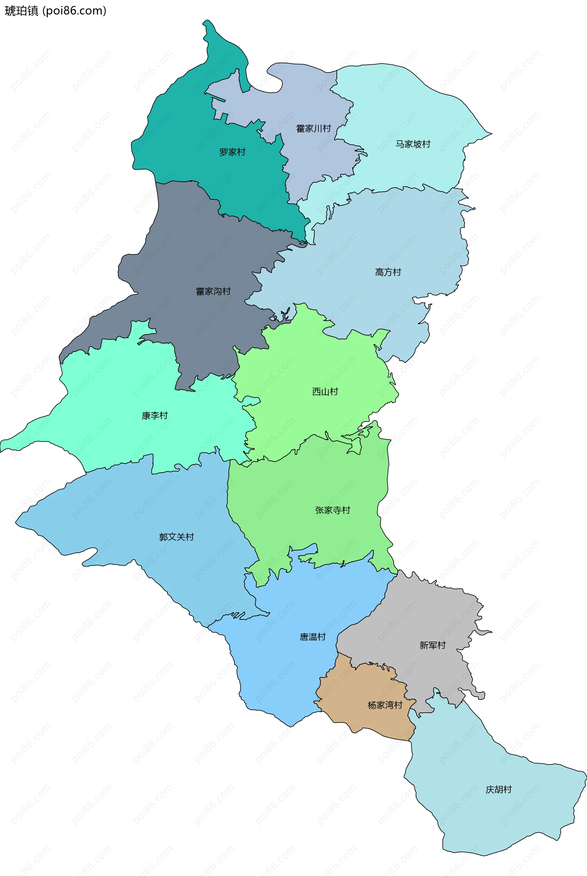 琥珀镇边界地图(五级行政区划)