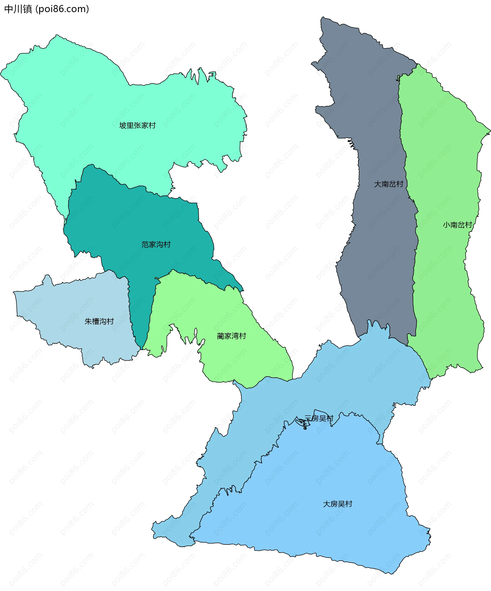 中川镇边界地图(五级行政区划)