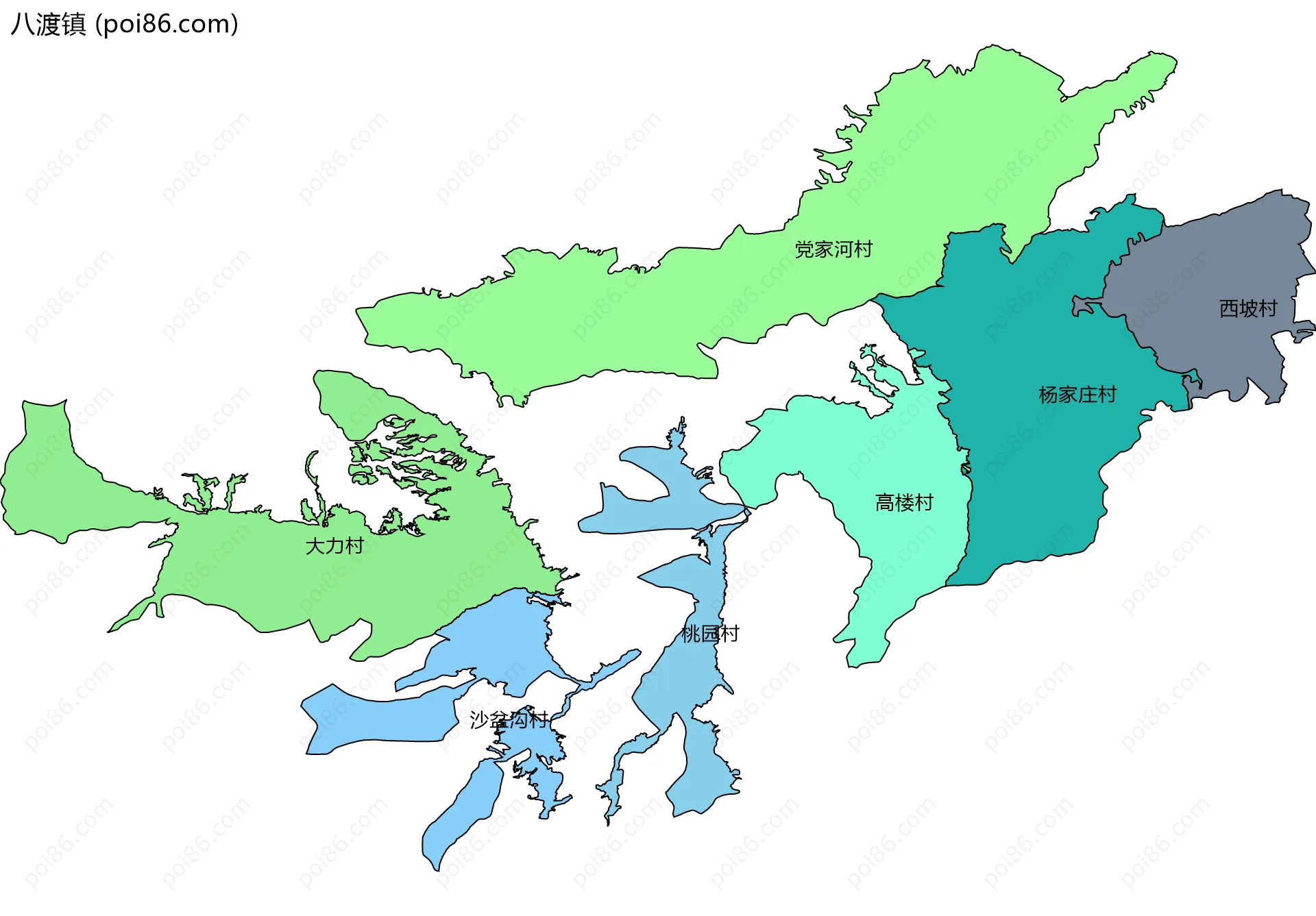 八渡镇边界地图(五级行政区划)