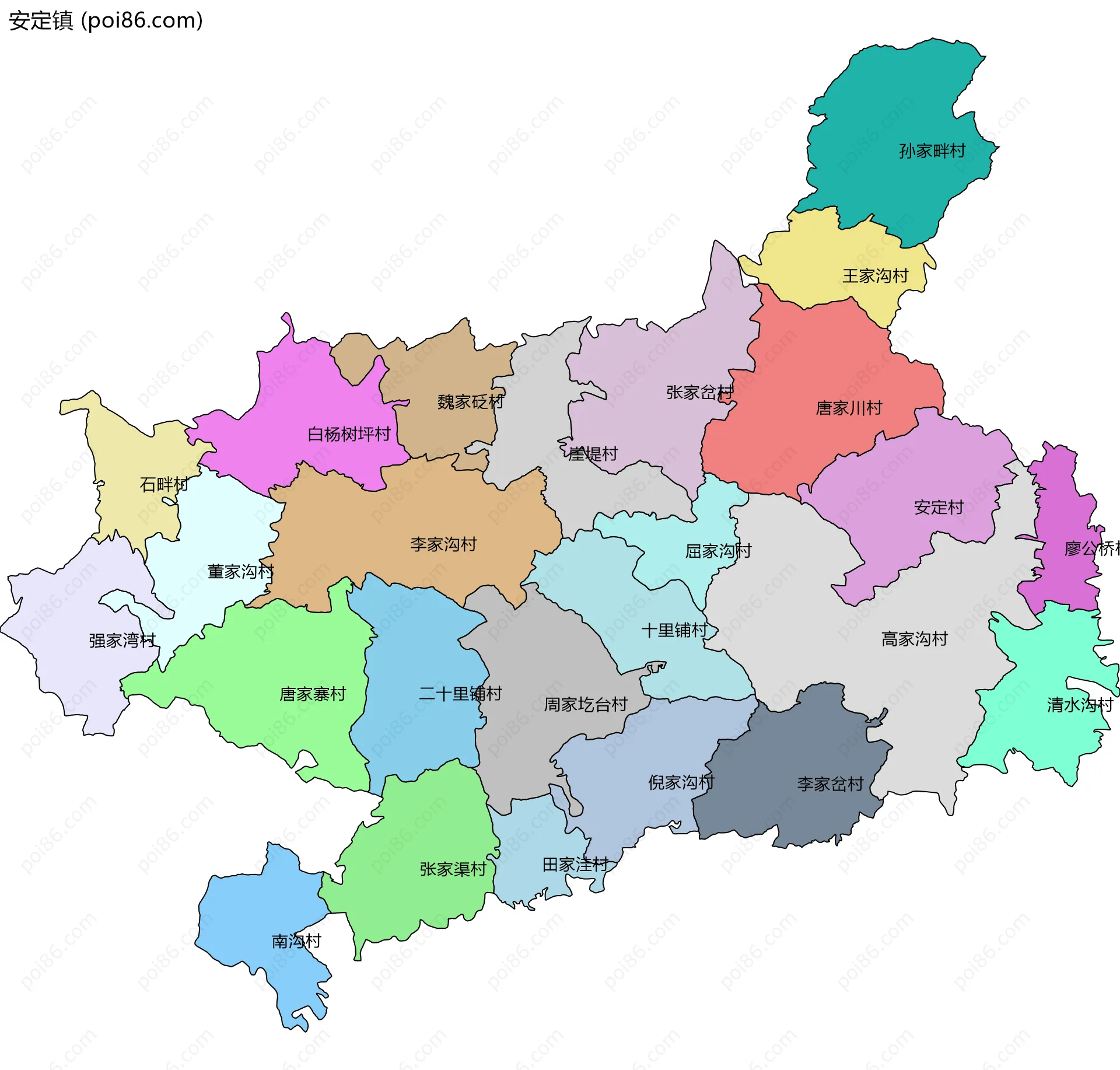 安定镇边界地图(五级行政区划)