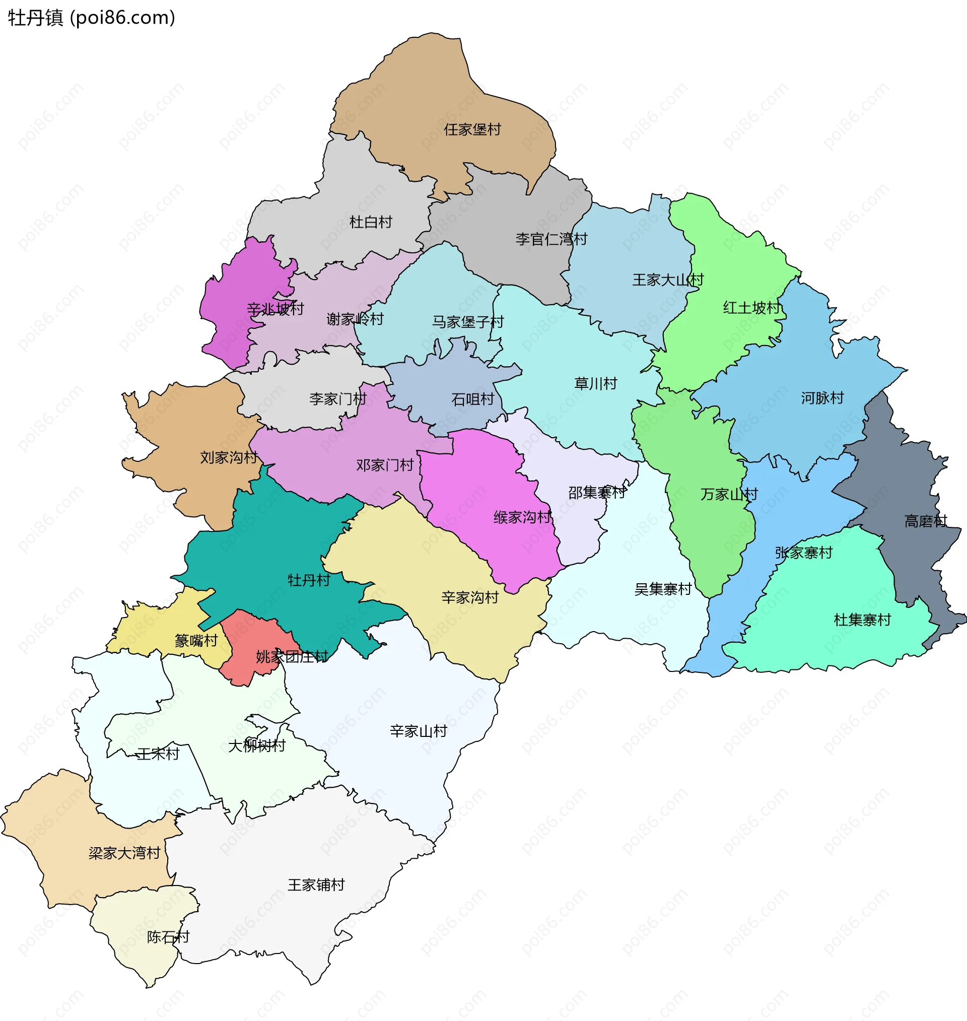 牡丹镇边界地图(五级行政区划)