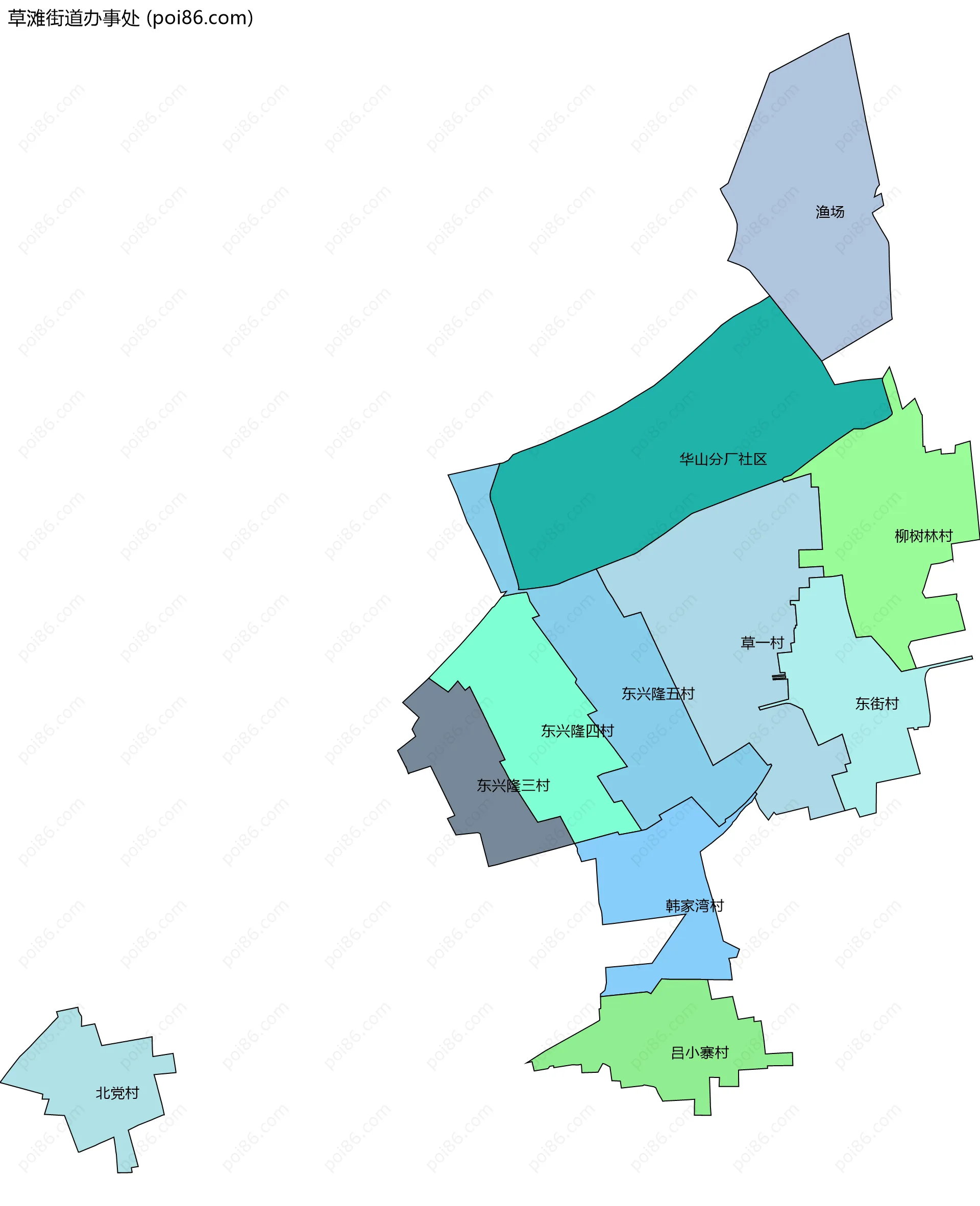 草滩街道办事处边界地图(五级行政区划)