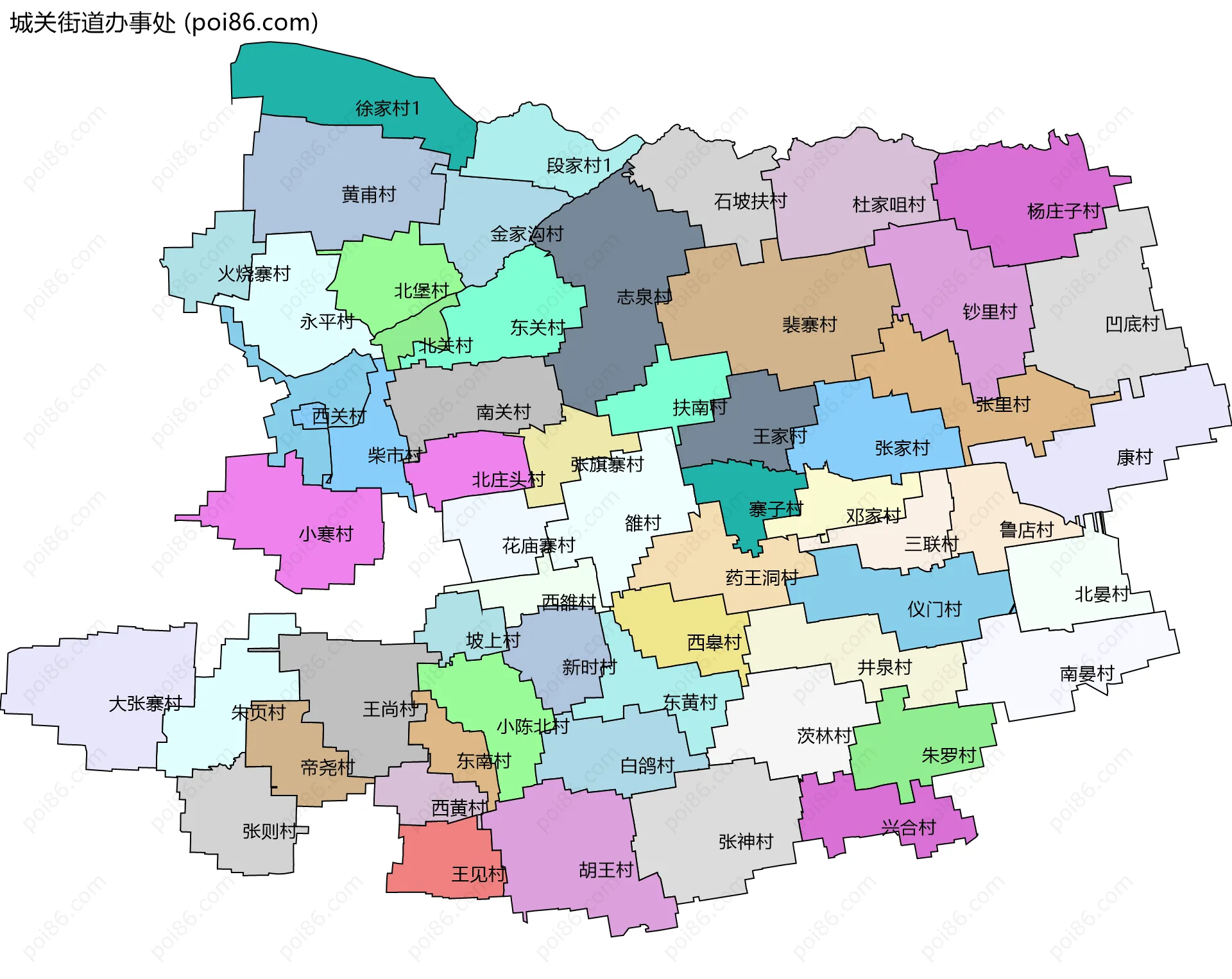 城关街道办事处边界地图(五级行政区划)