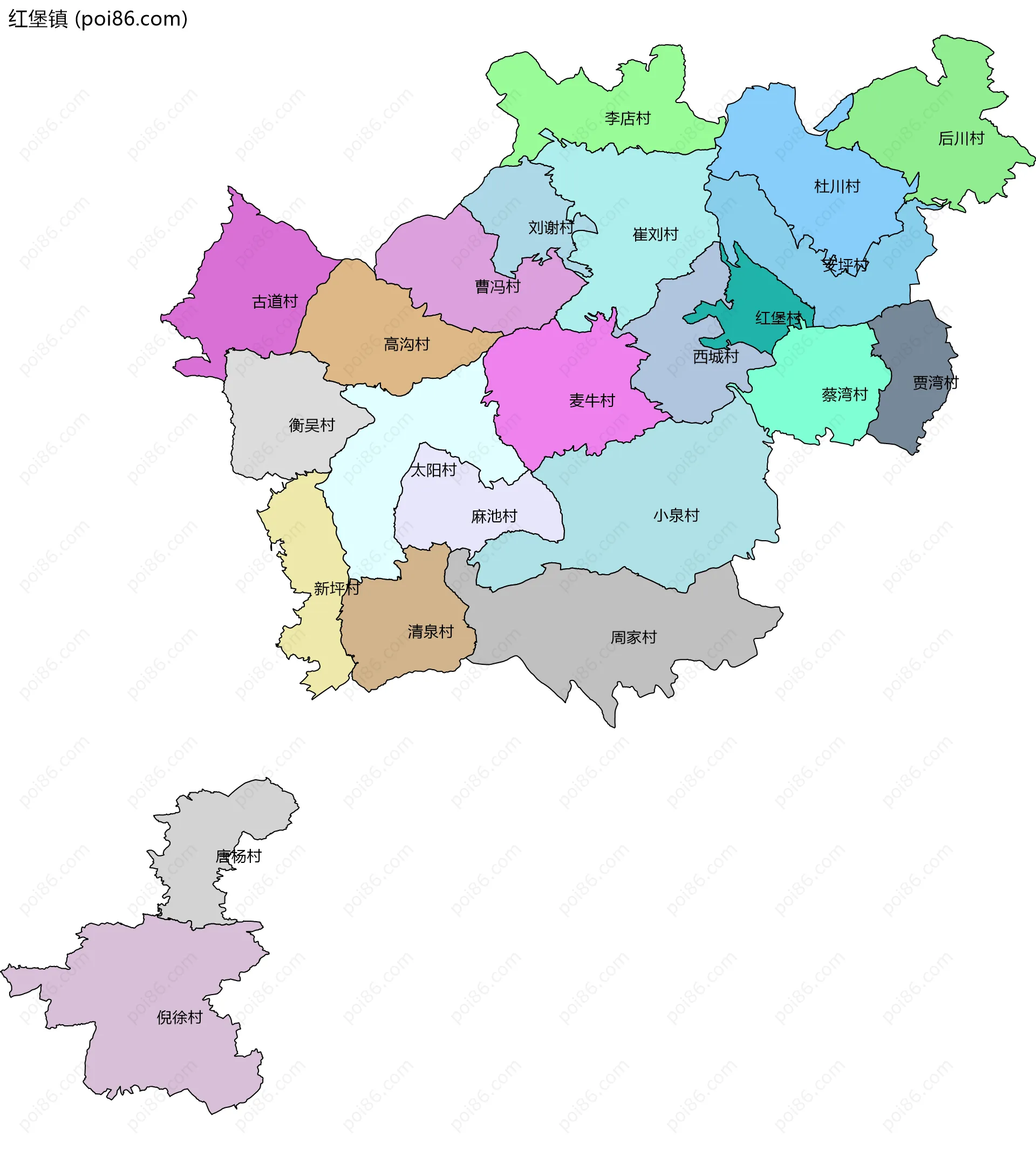 红堡镇边界地图(五级行政区划)