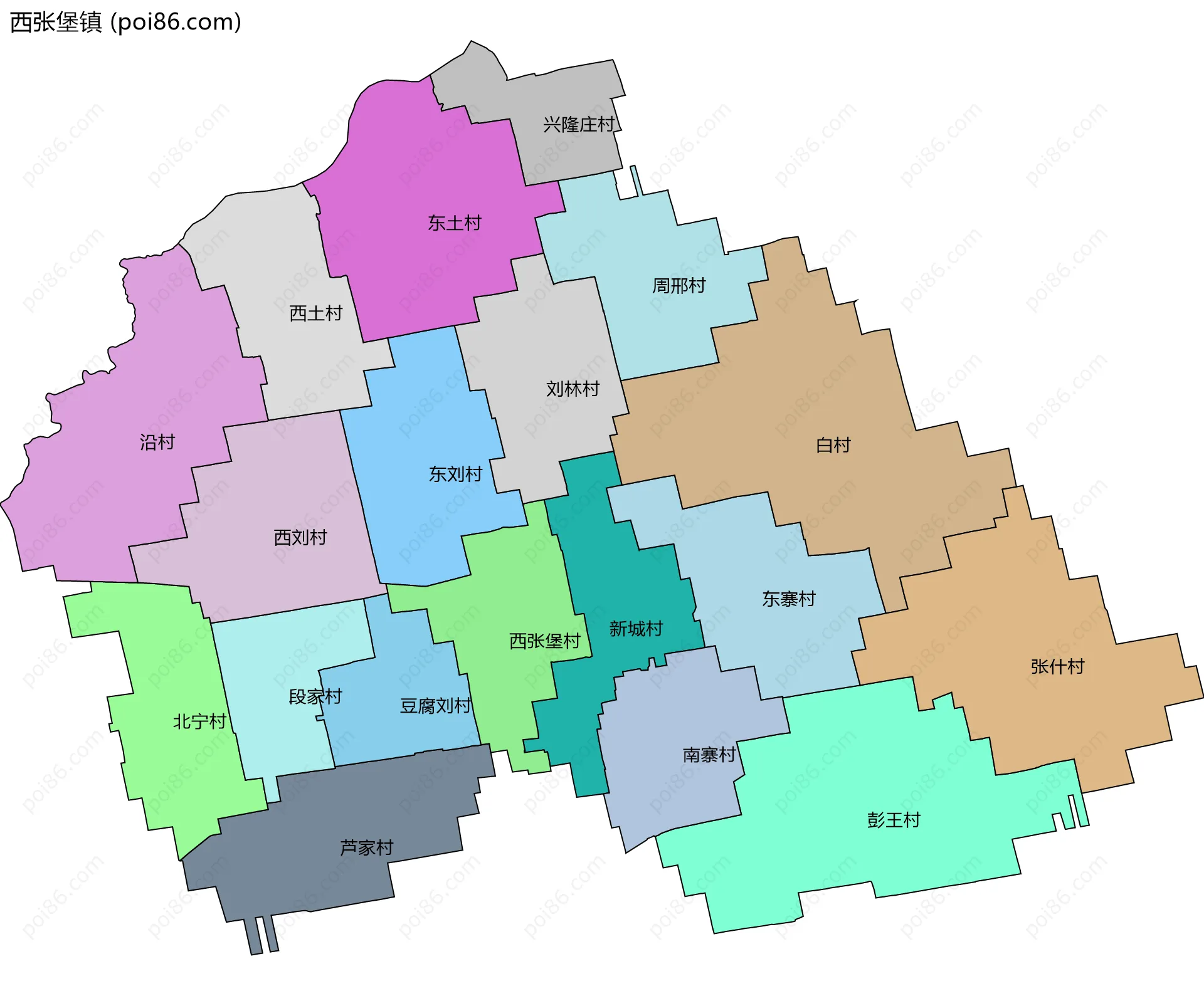 西张堡镇边界地图(五级行政区划)