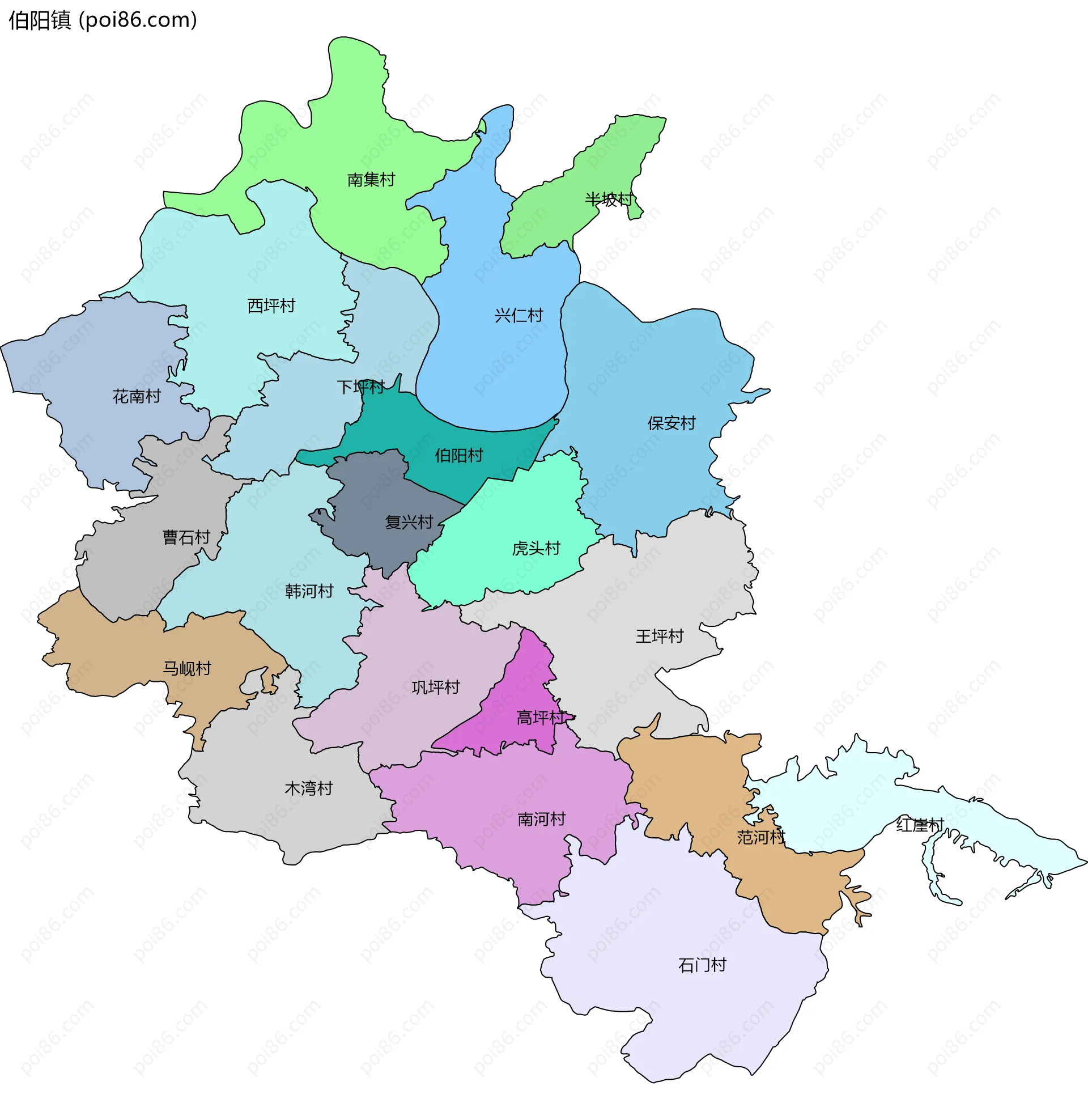 伯阳镇边界地图(五级行政区划)