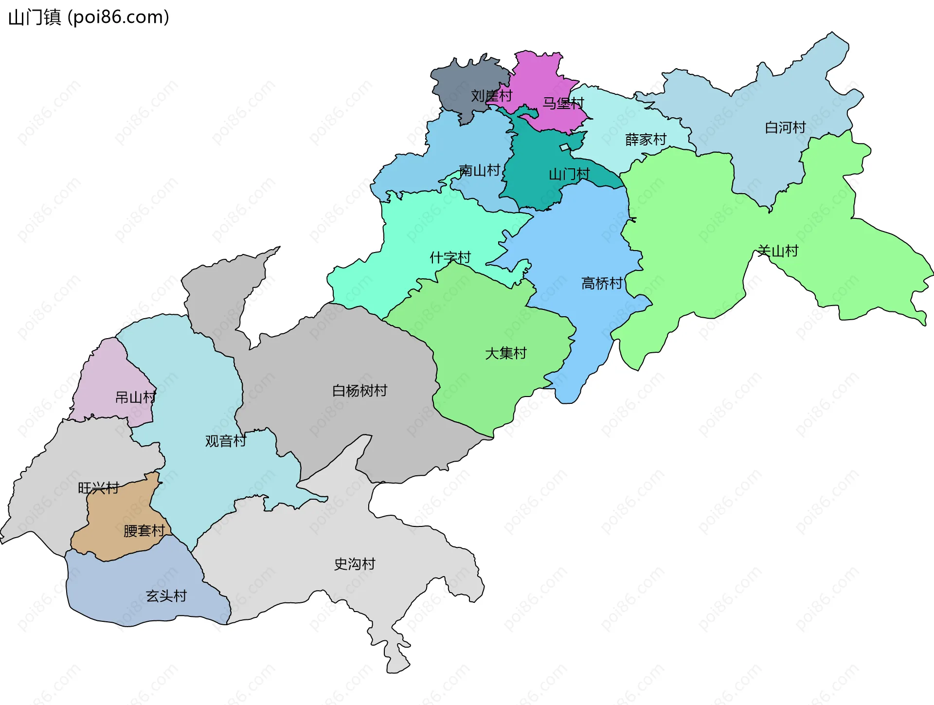 山门镇边界地图(五级行政区划)