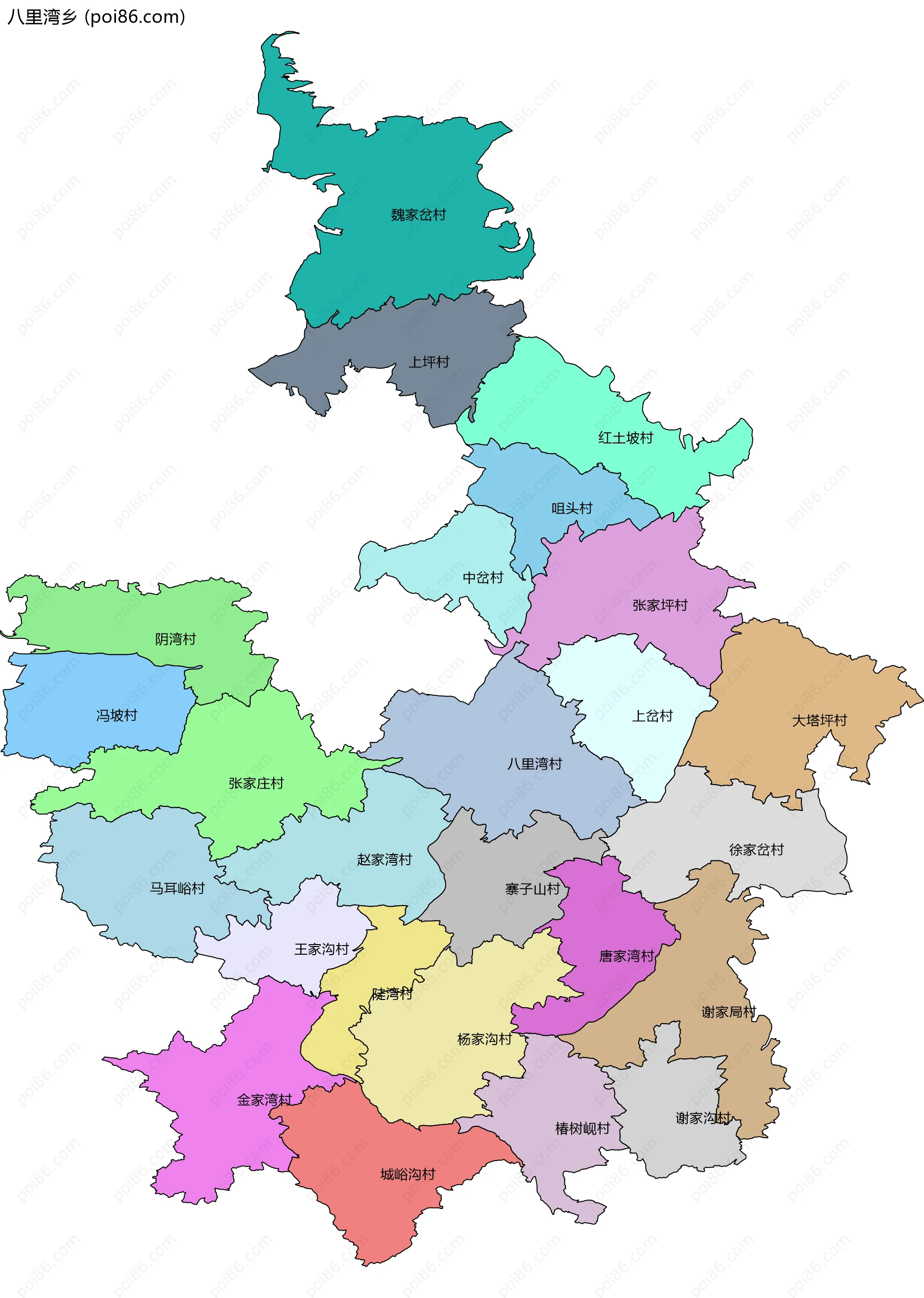 八里湾乡边界地图(五级行政区划)