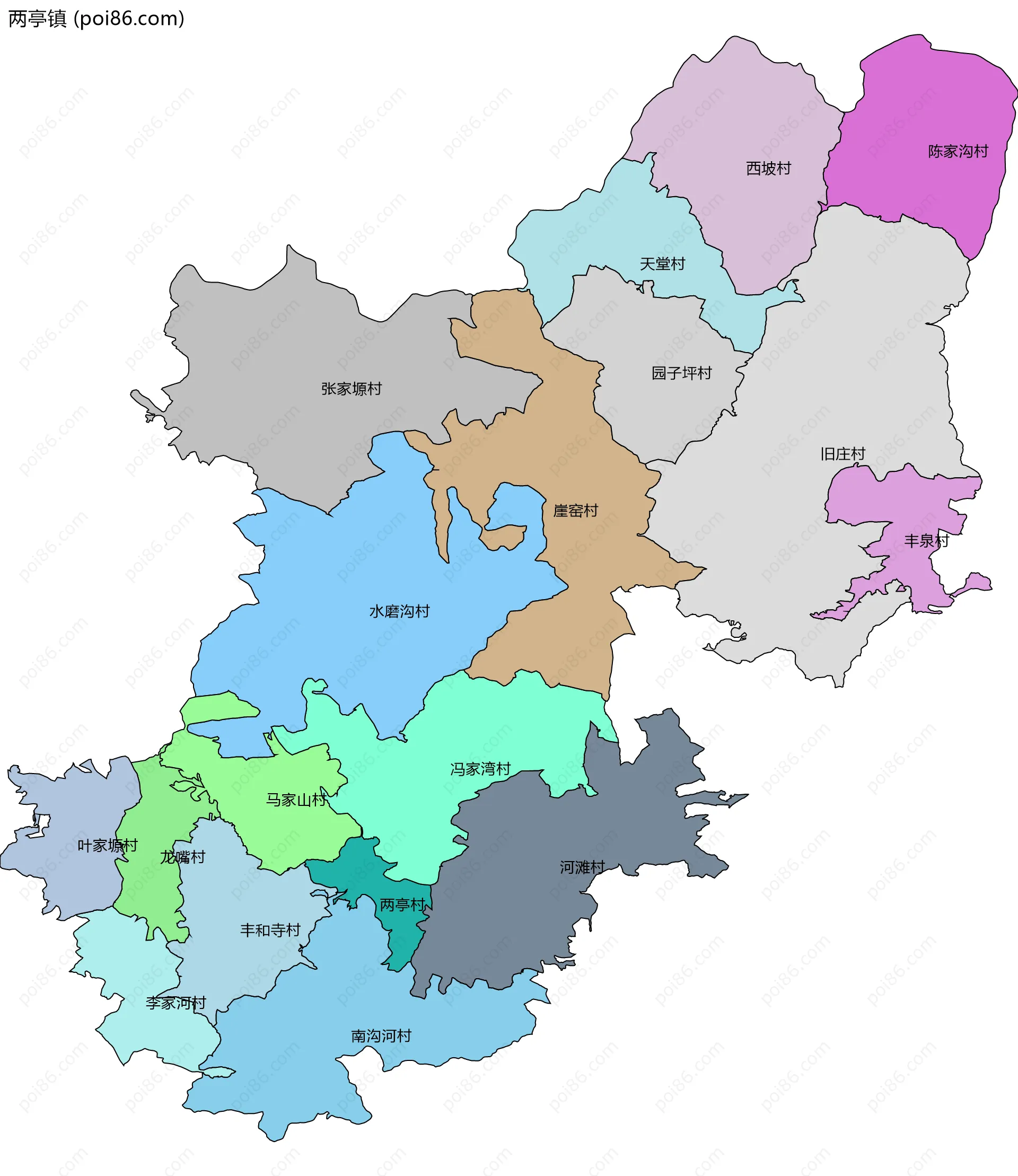 两亭镇边界地图(五级行政区划)