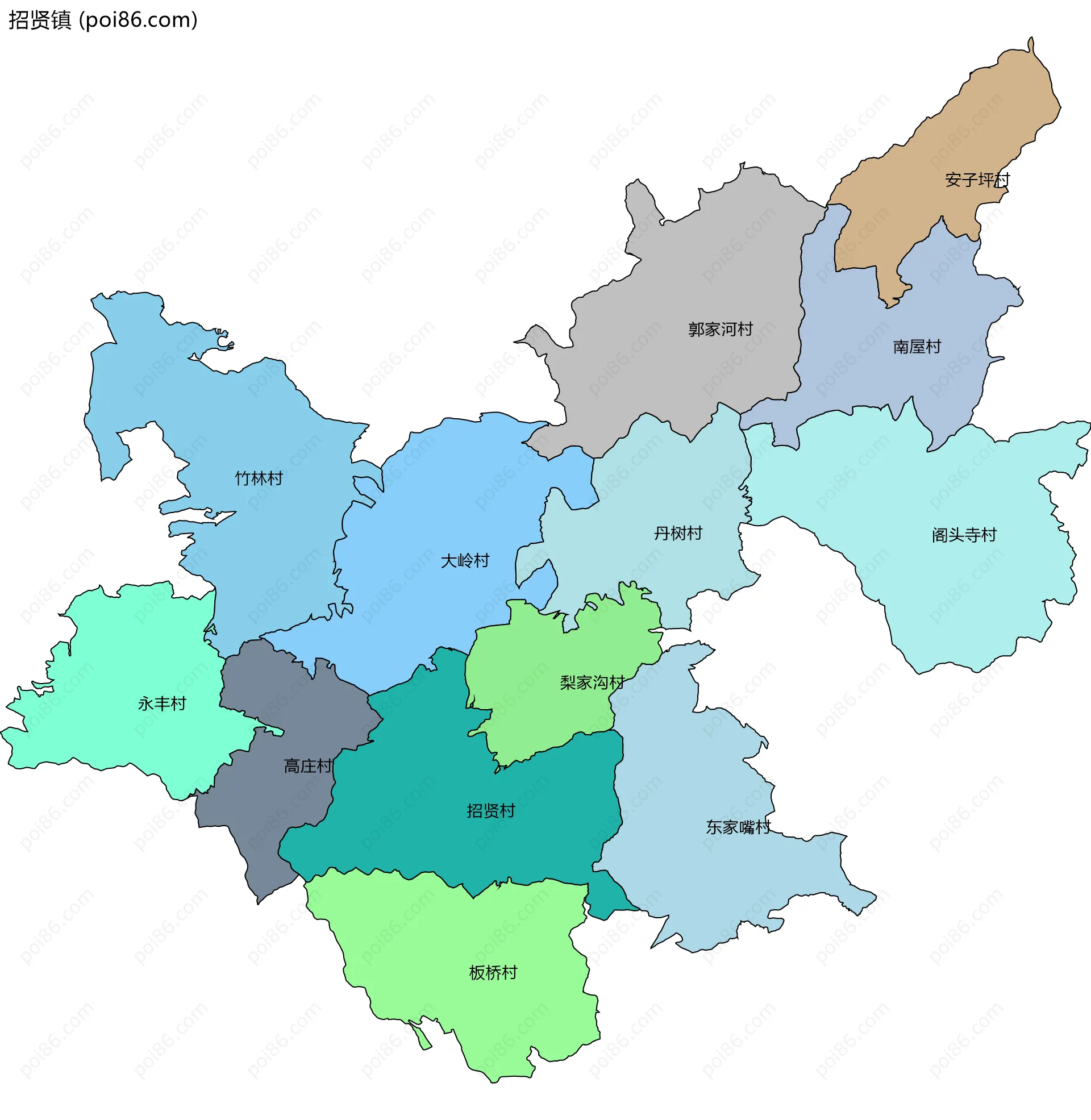 招贤镇边界地图(五级行政区划)