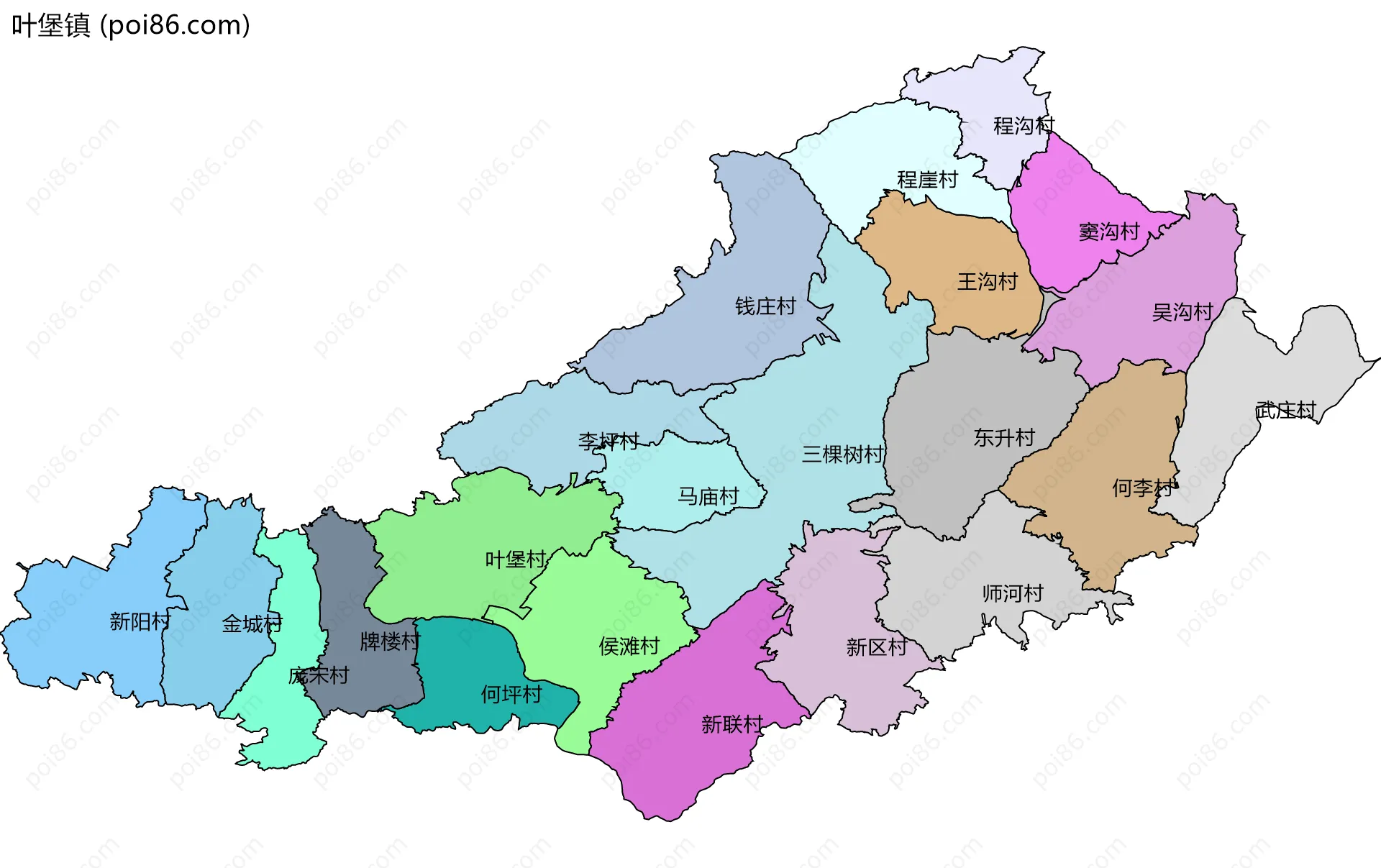 叶堡镇边界地图(五级行政区划)