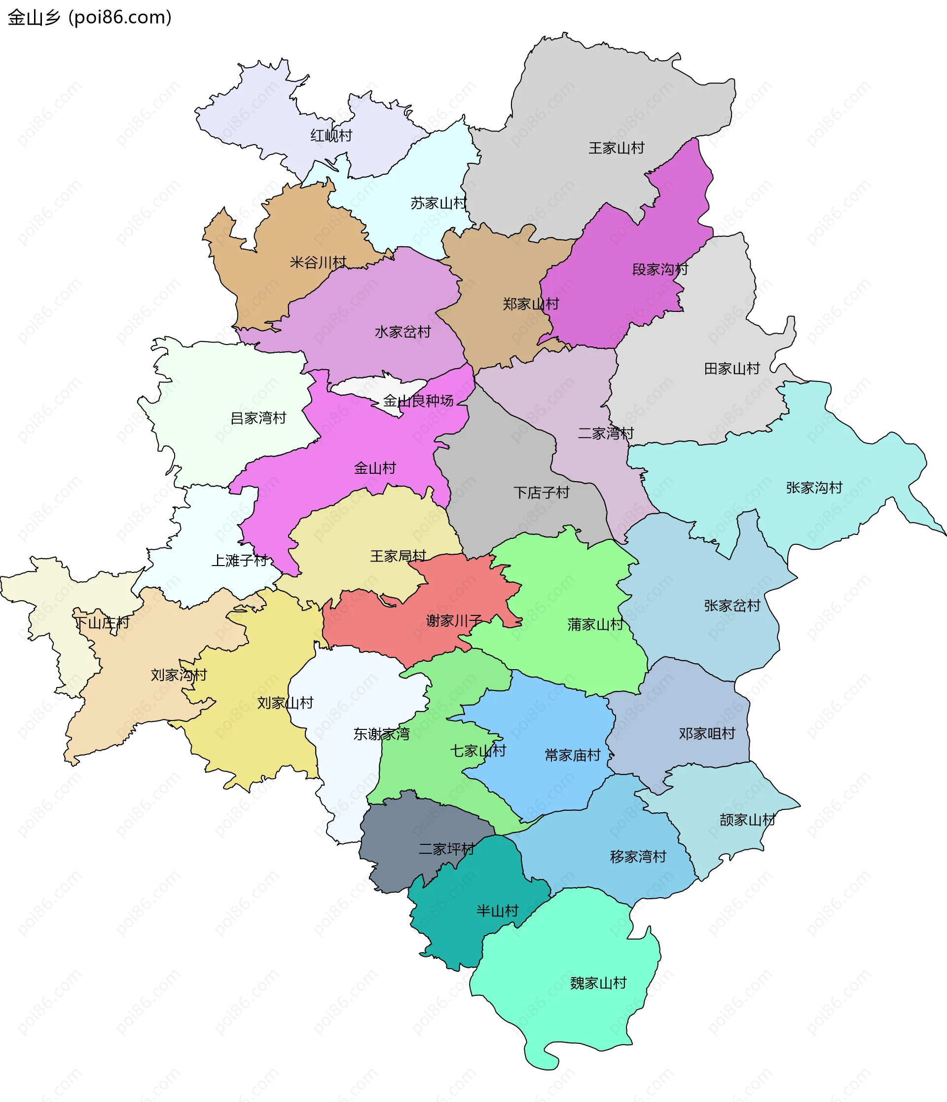 金山乡边界地图(五级行政区划)