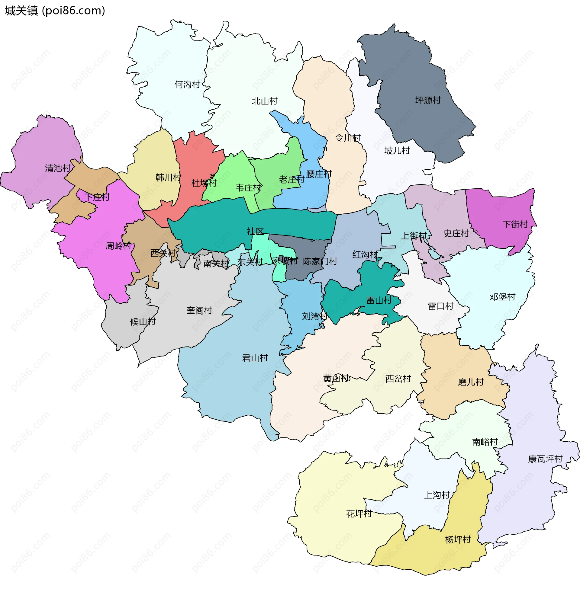 城关镇边界地图(五级行政区划)