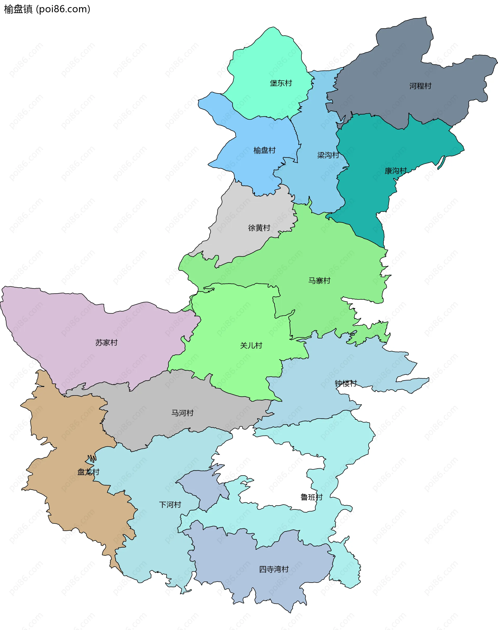 榆盘镇边界地图(五级行政区划)