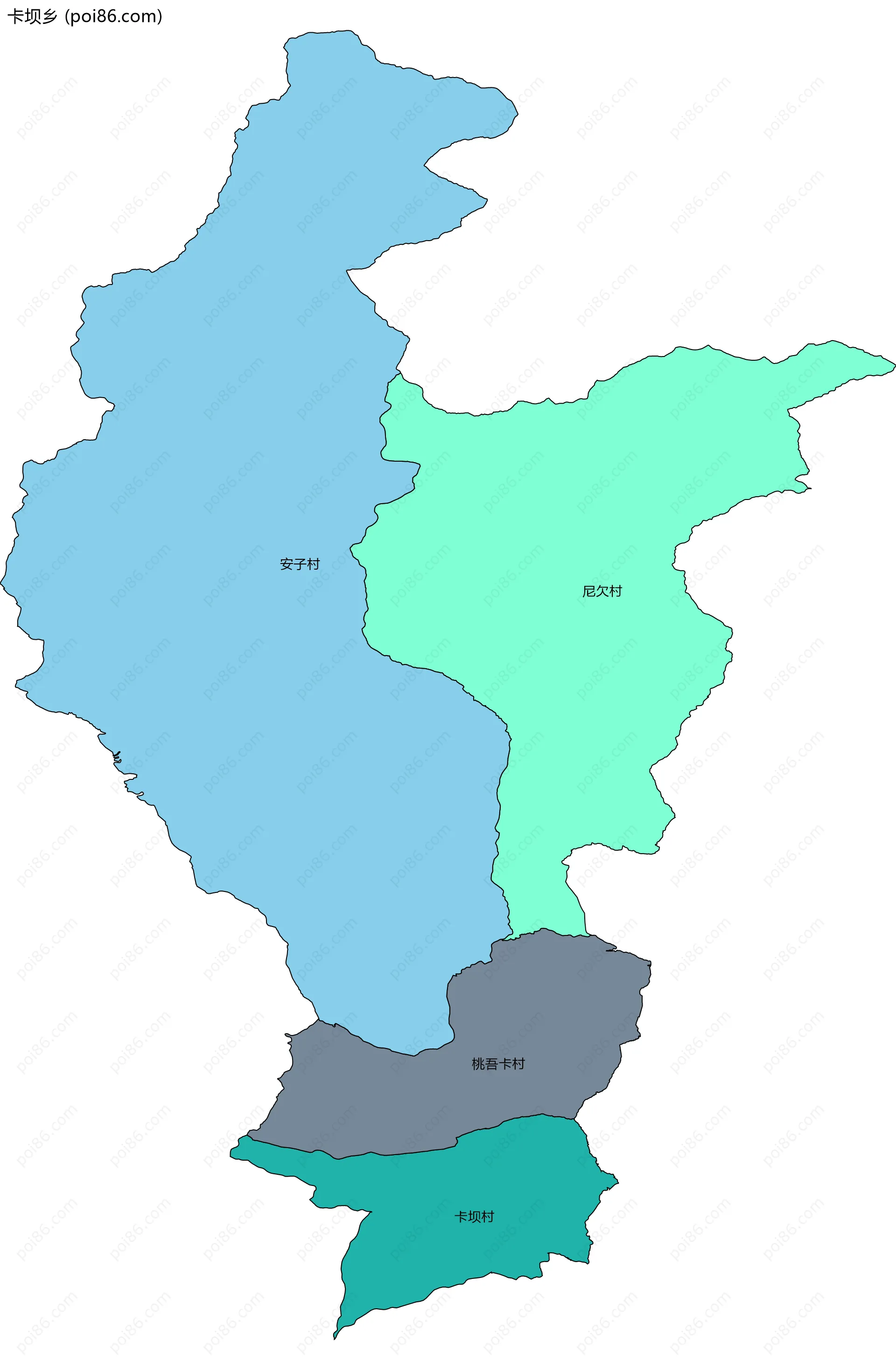 卡坝乡边界地图(五级行政区划)