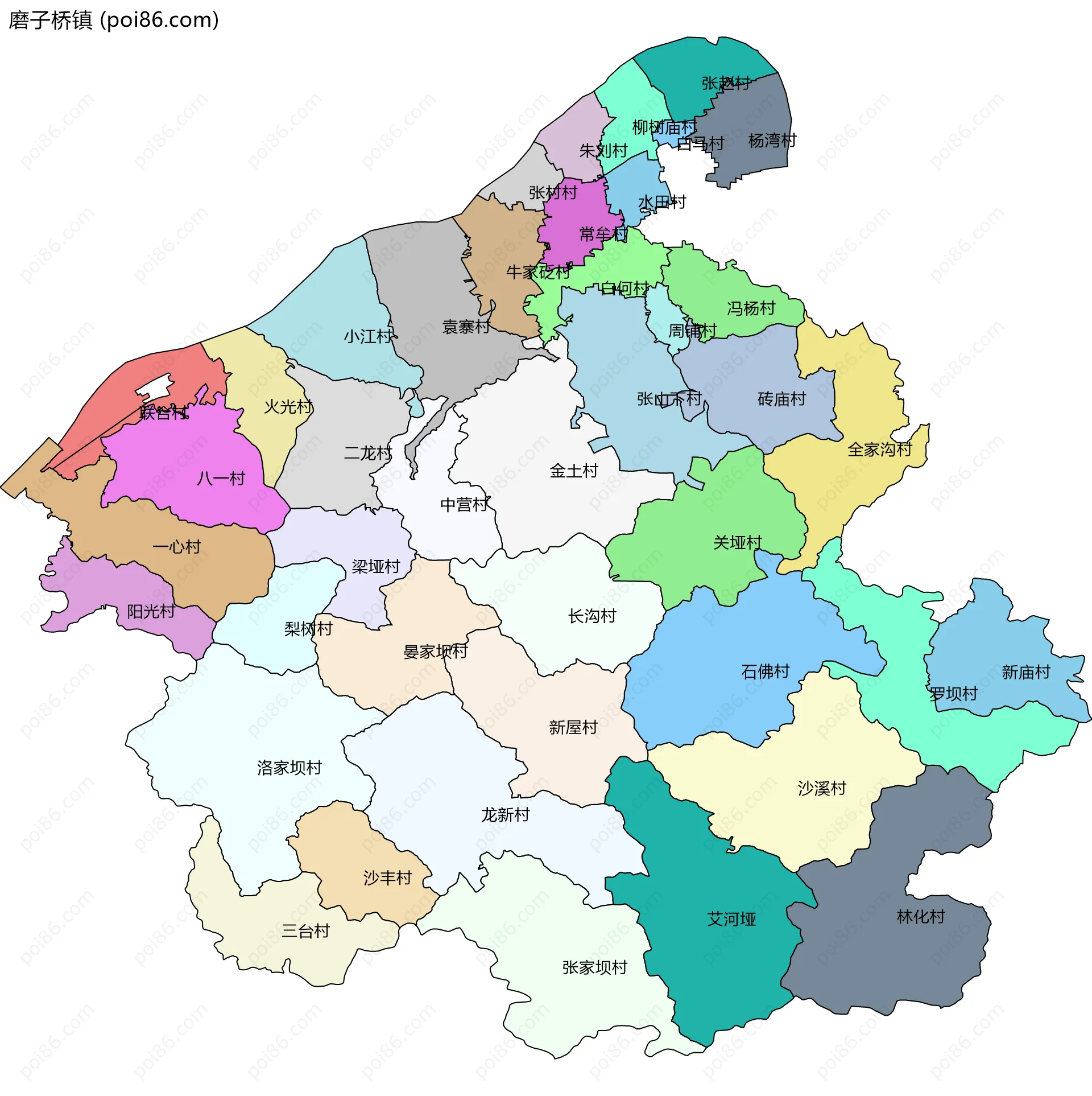 磨子桥镇边界地图(五级行政区划)