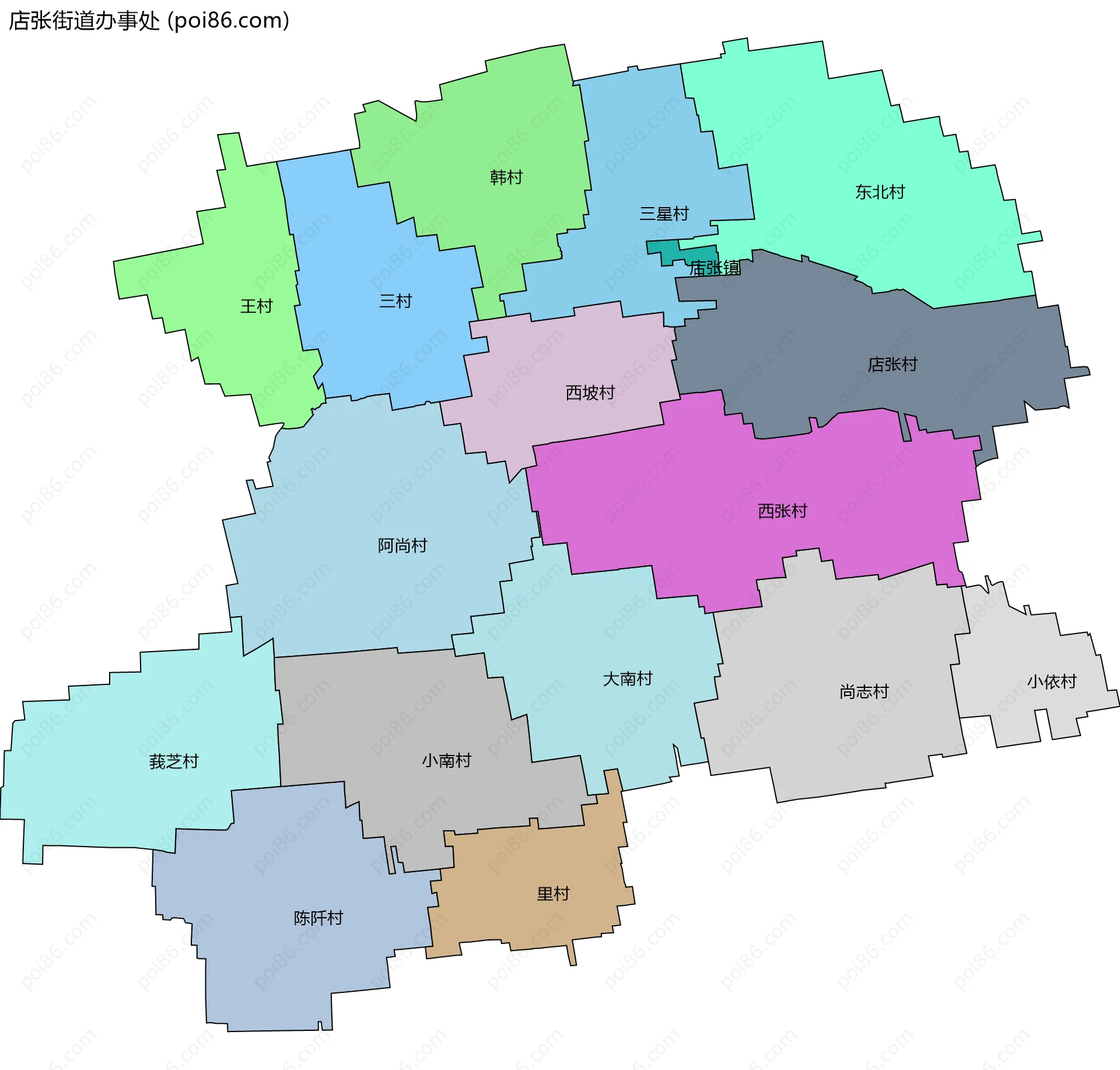 店张街道办事处边界地图(五级行政区划)