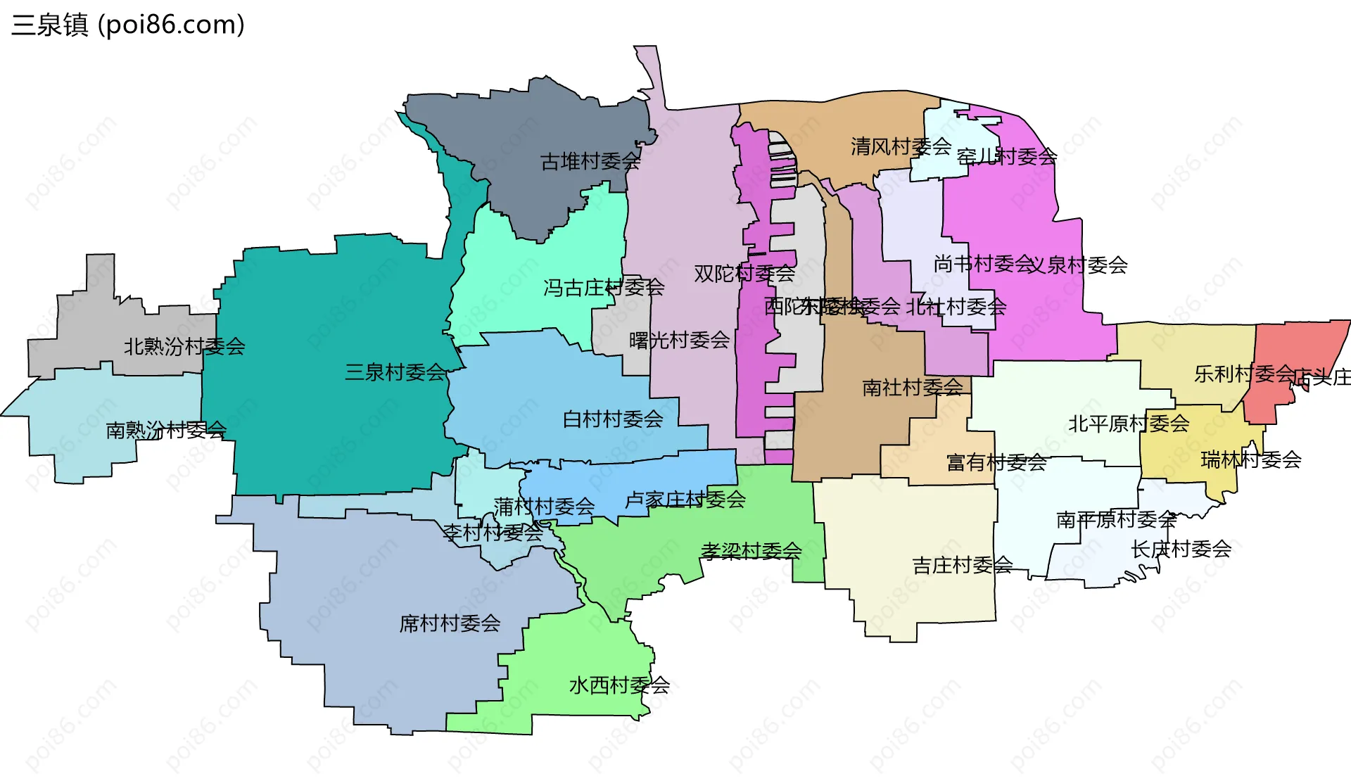 三泉镇边界地图(五级行政区划)