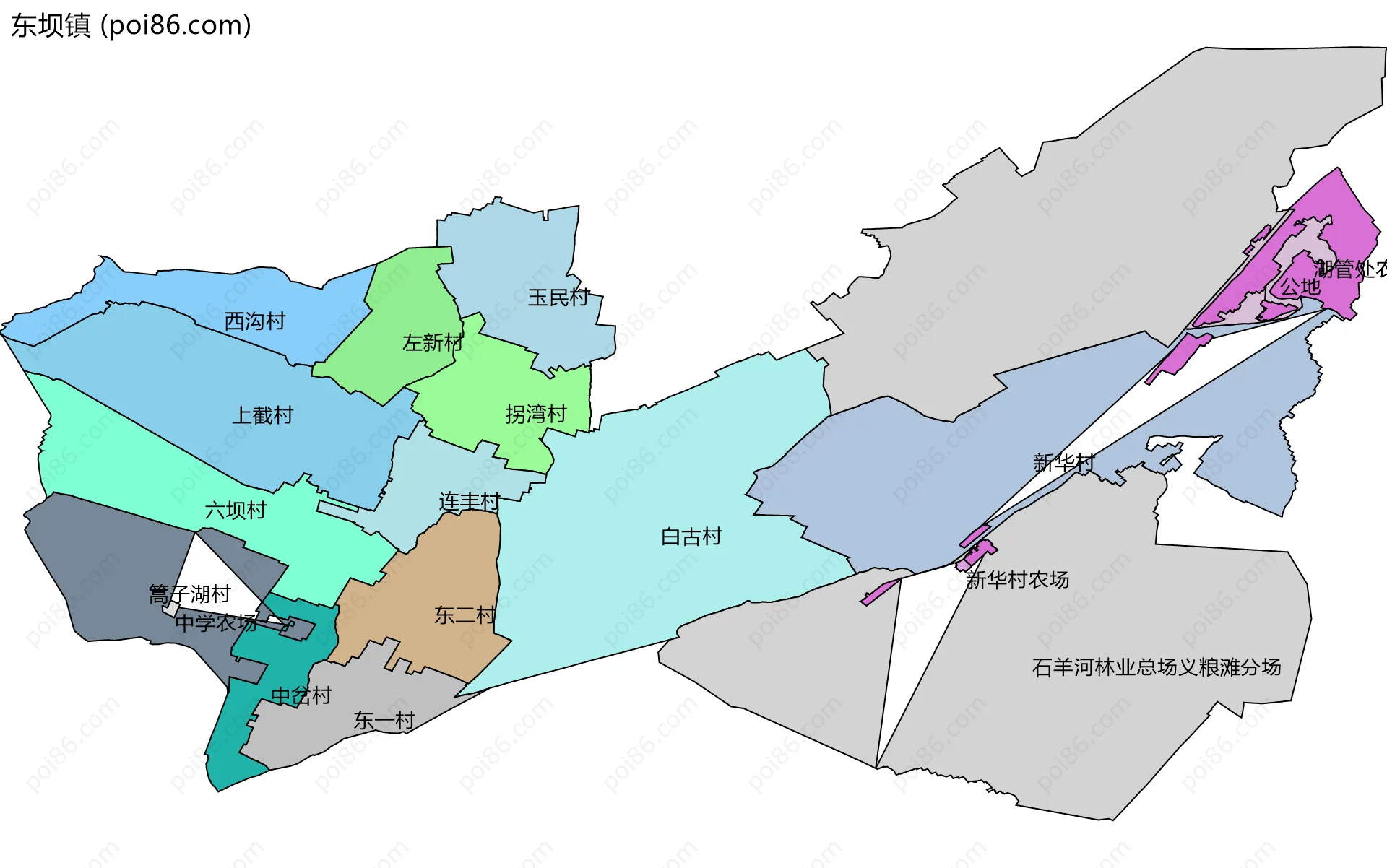 东坝镇边界地图(五级行政区划)