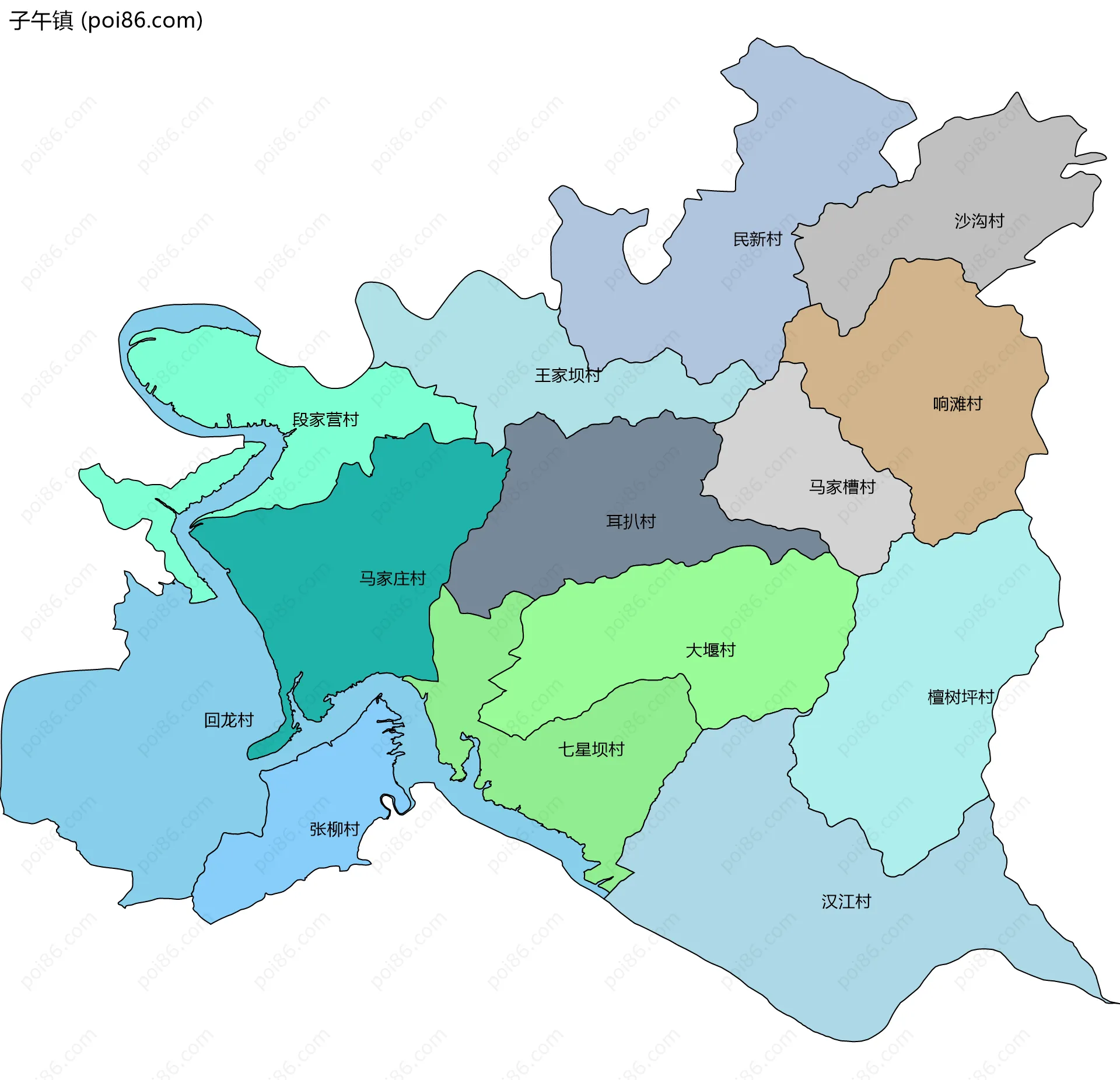 子午镇边界地图(五级行政区划)