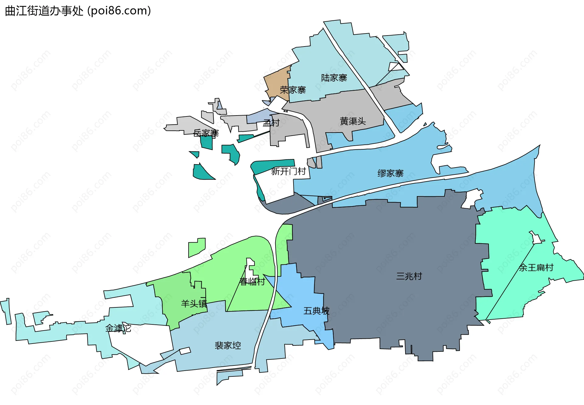 曲江街道办事处边界地图(五级行政区划)