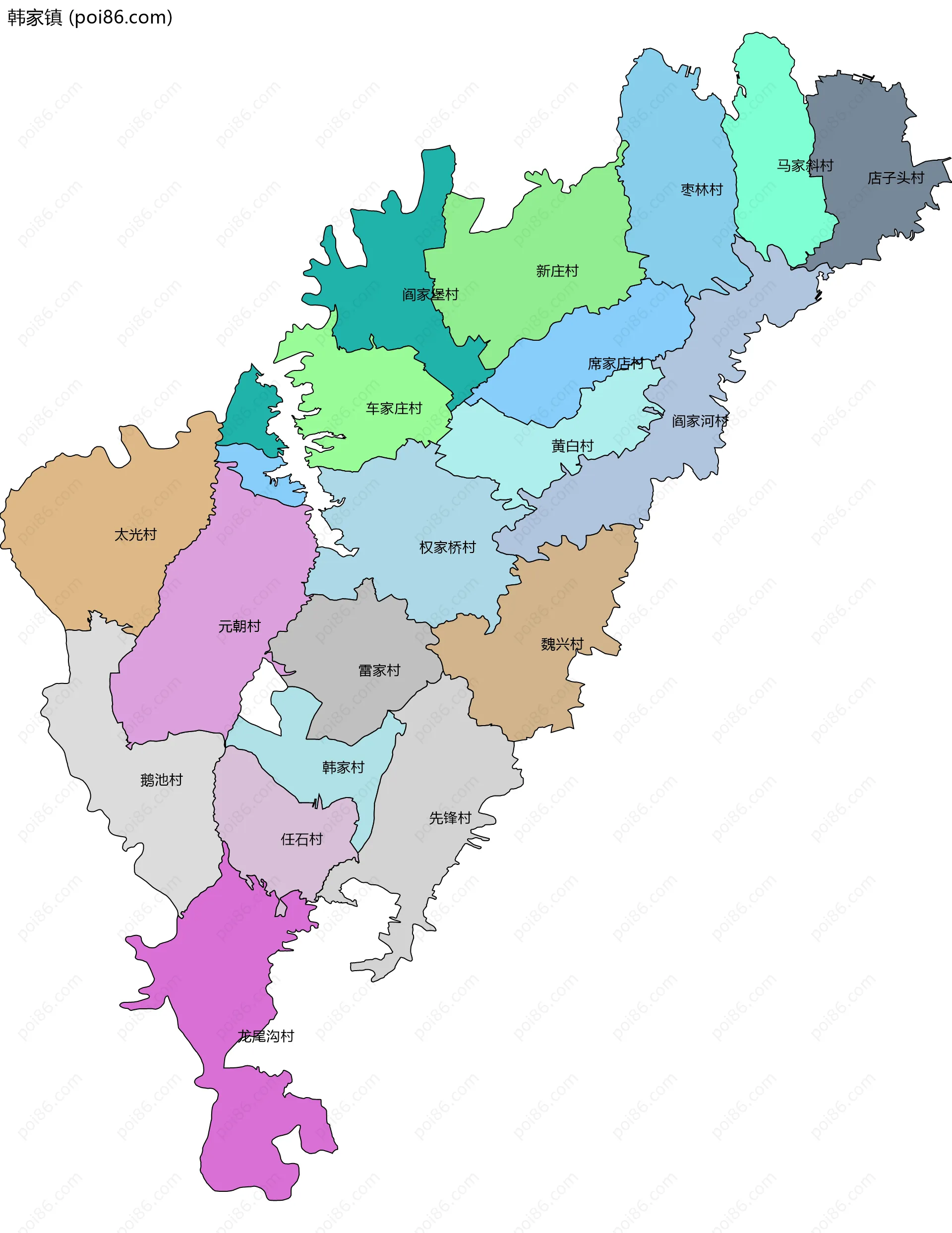 韩家镇边界地图(五级行政区划)