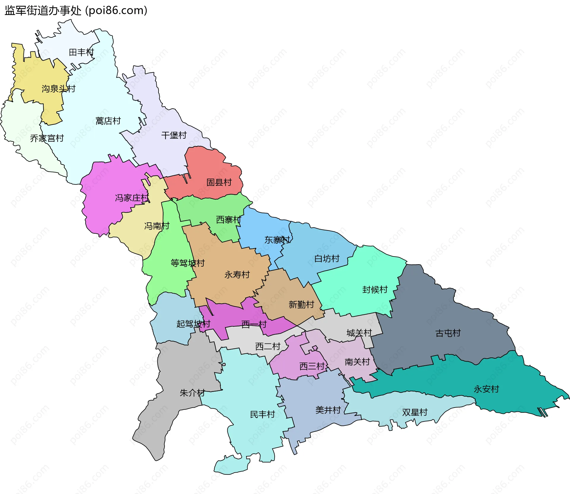 监军街道办事处边界地图(五级行政区划)