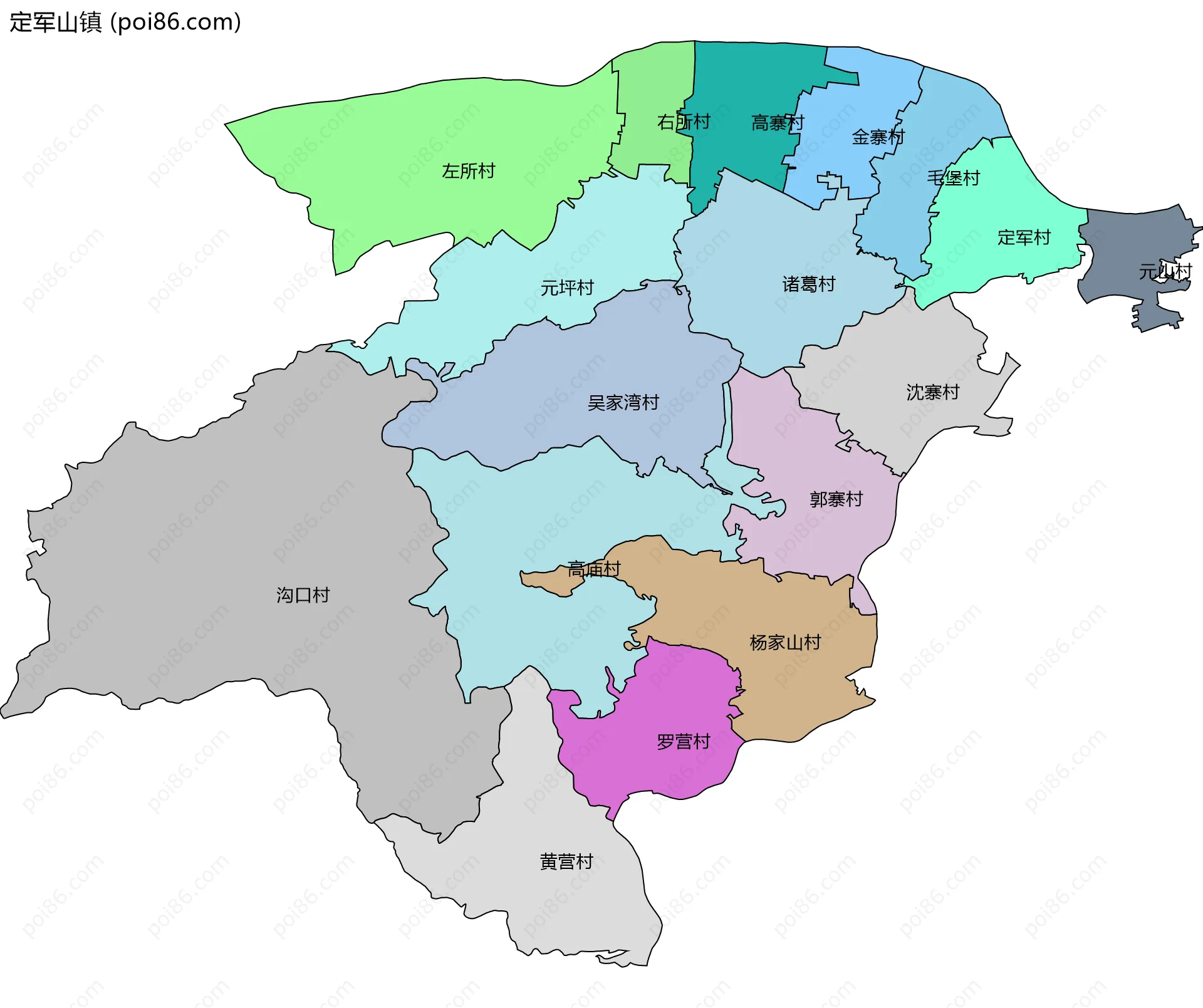 定军山镇边界地图(五级行政区划)