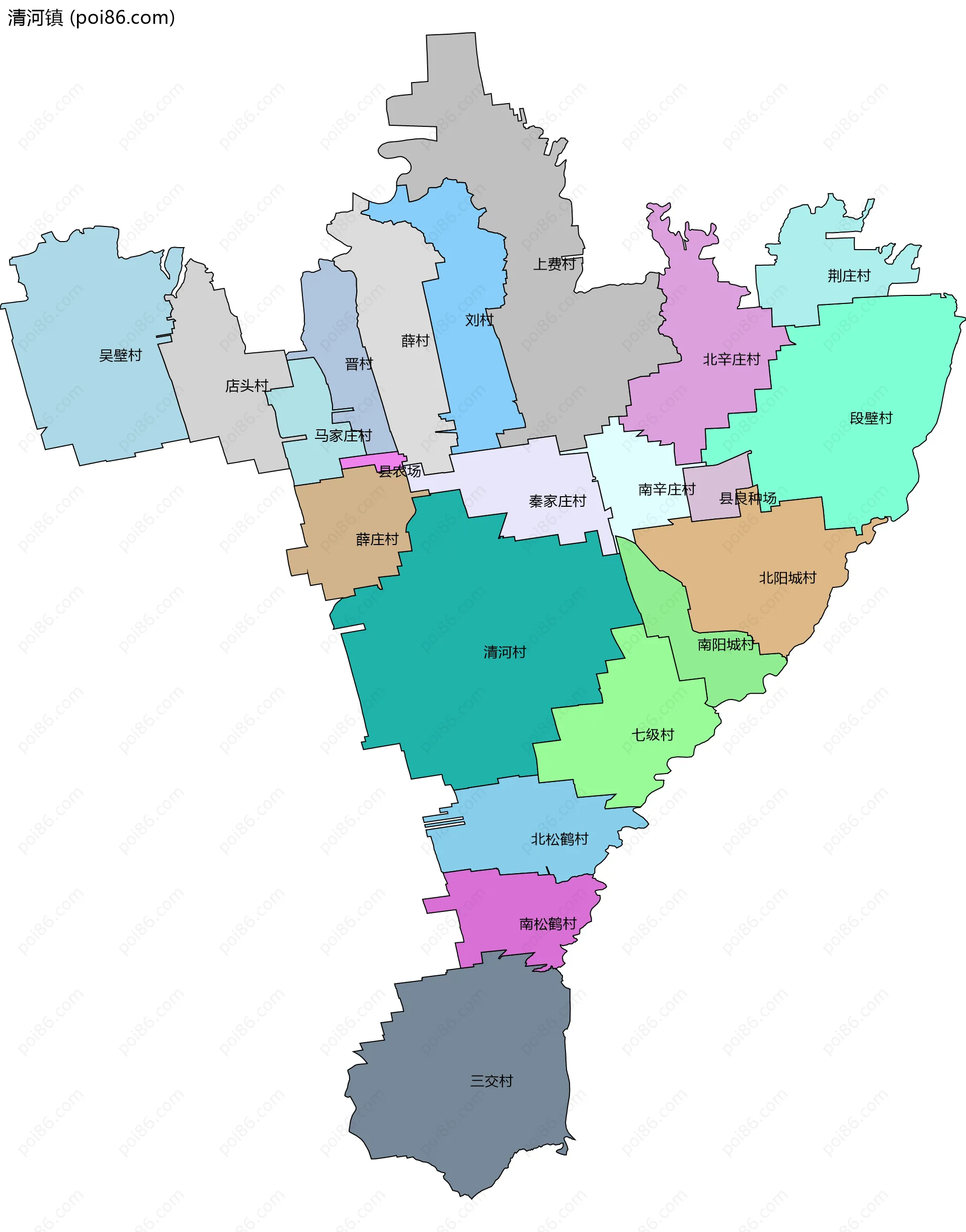 清河镇边界地图(五级行政区划)